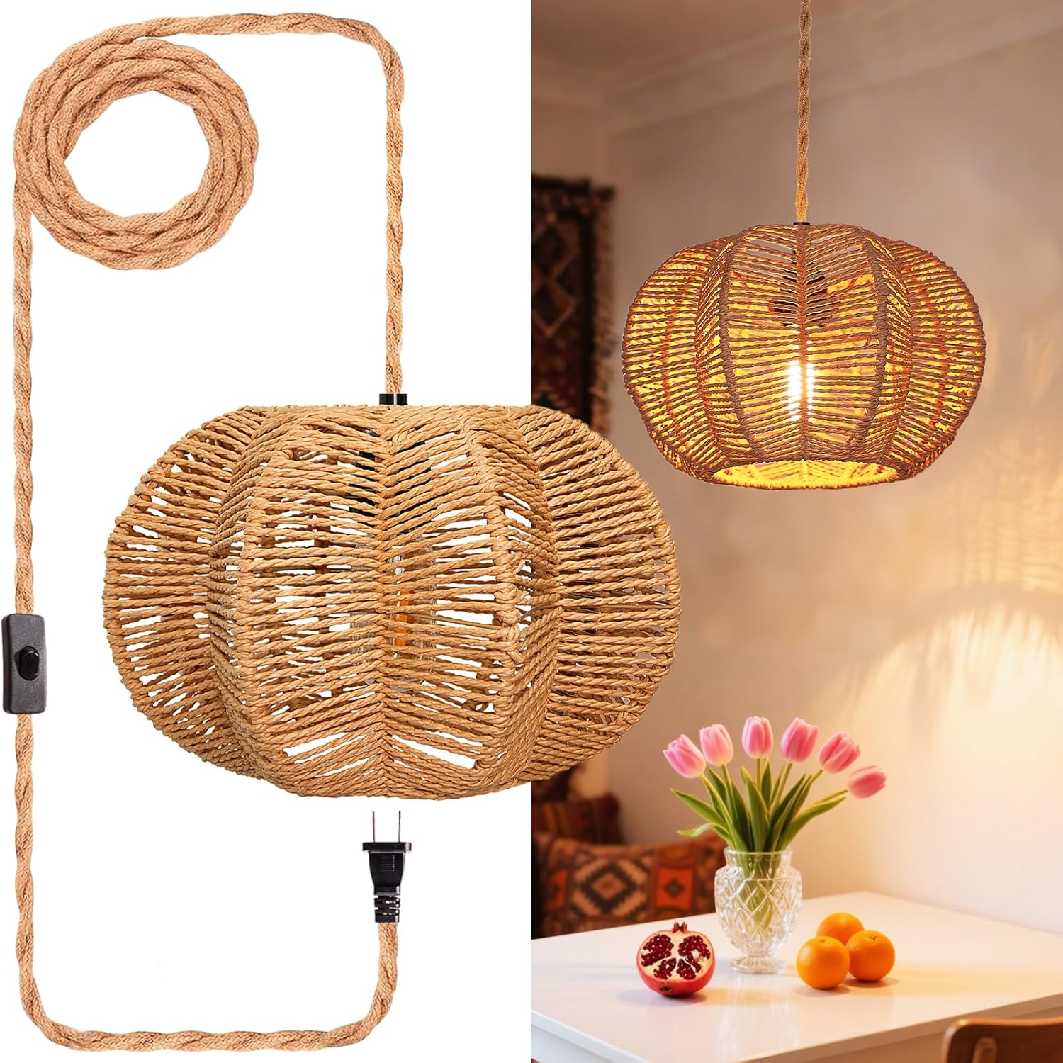 Boho Rattan Ceiling Light — 6" — 11.8 Inch-Ball Cactus Shade