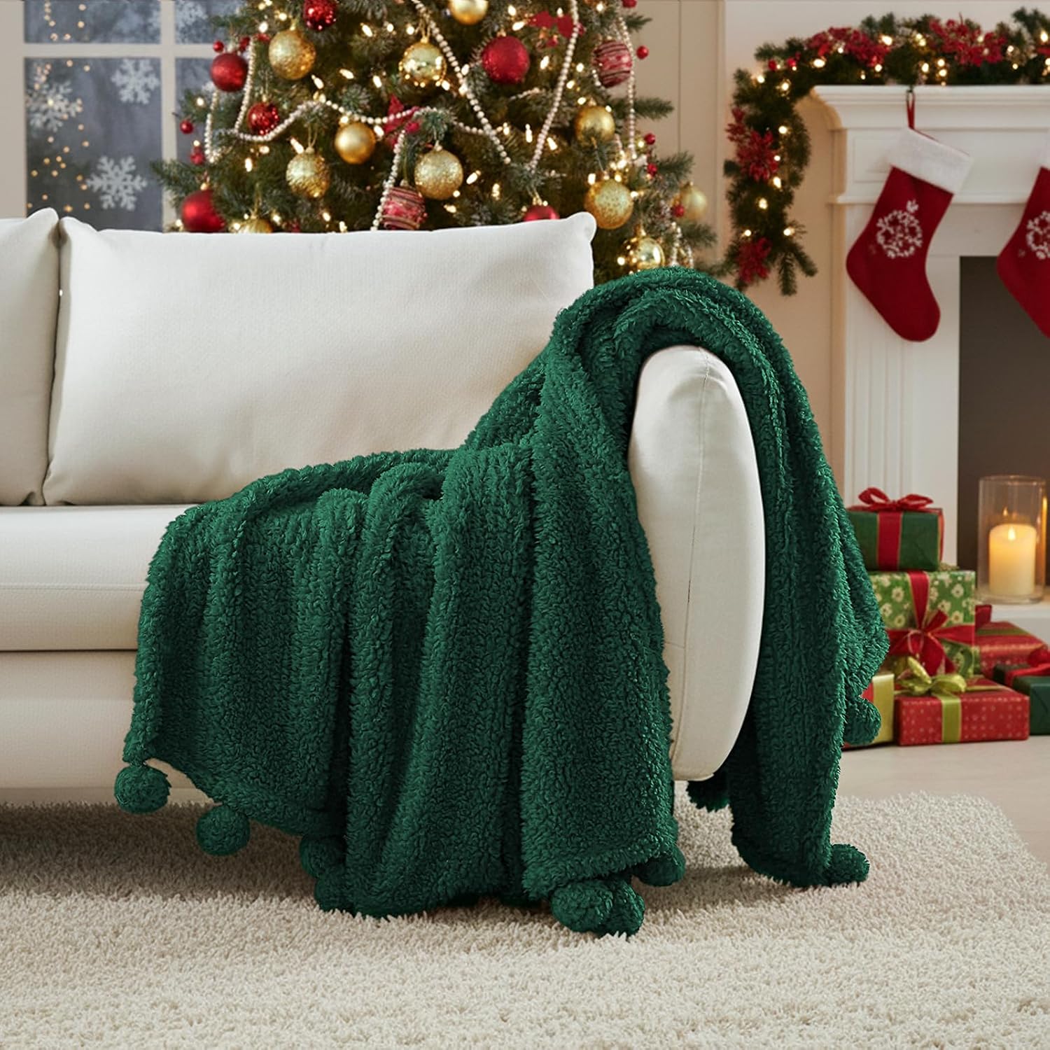 Boho Beige Throw Pillow — 50" — Green With Fringe