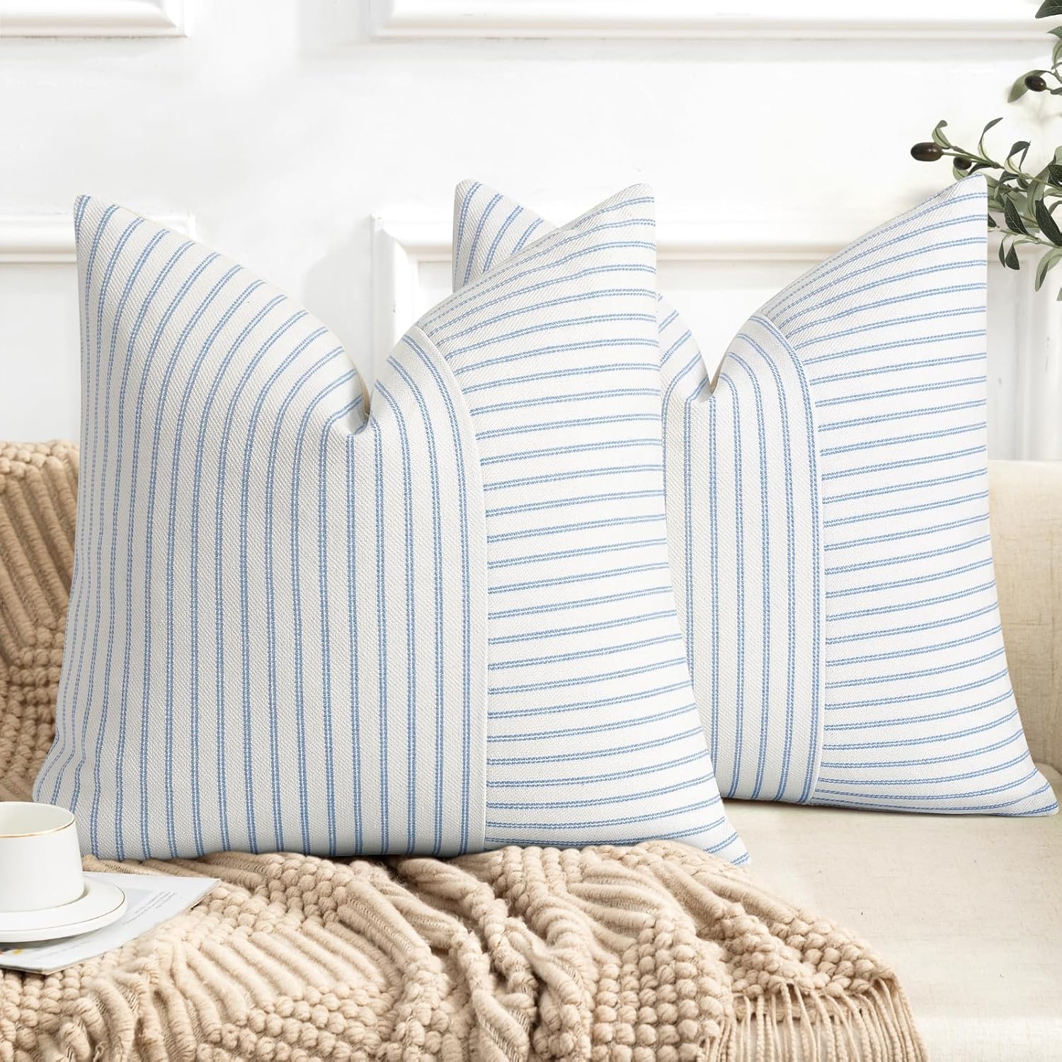 Linen Boho Beige Throw Pillow Cover — 18" — Light Blue