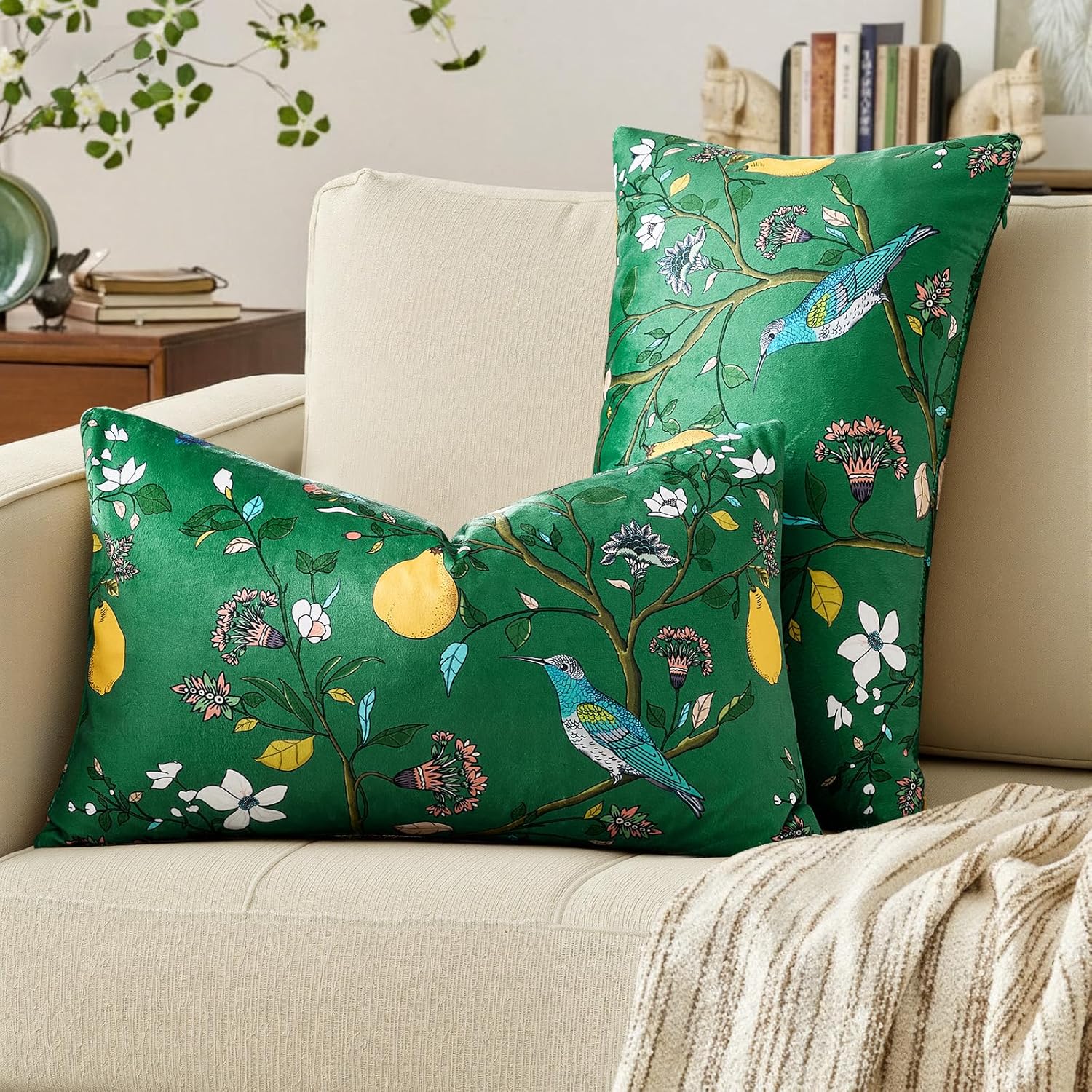 Velvet Boho Beige Pillow Cover — 20" — Dark Green