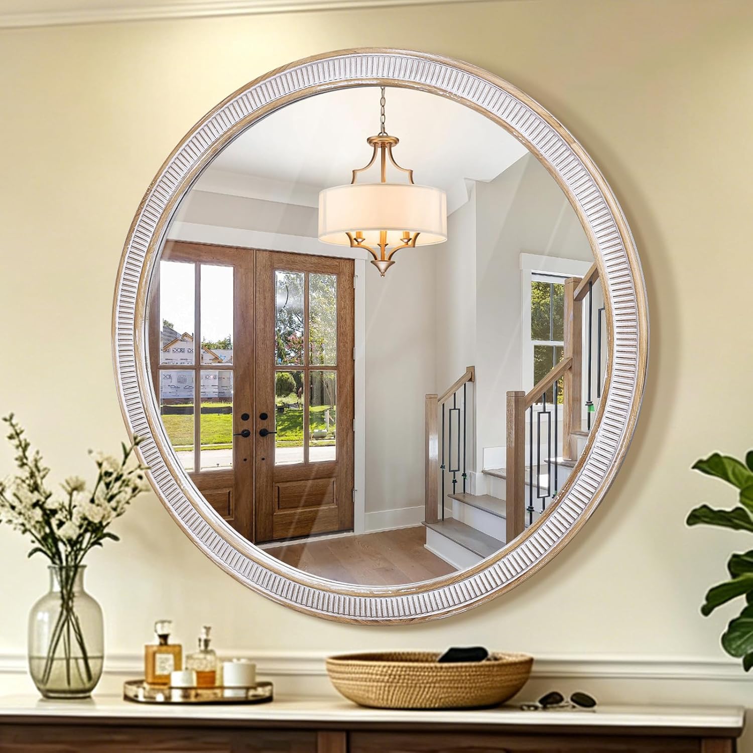 Round Farmhouse Wood Mirror — 36" — B - 36 in
