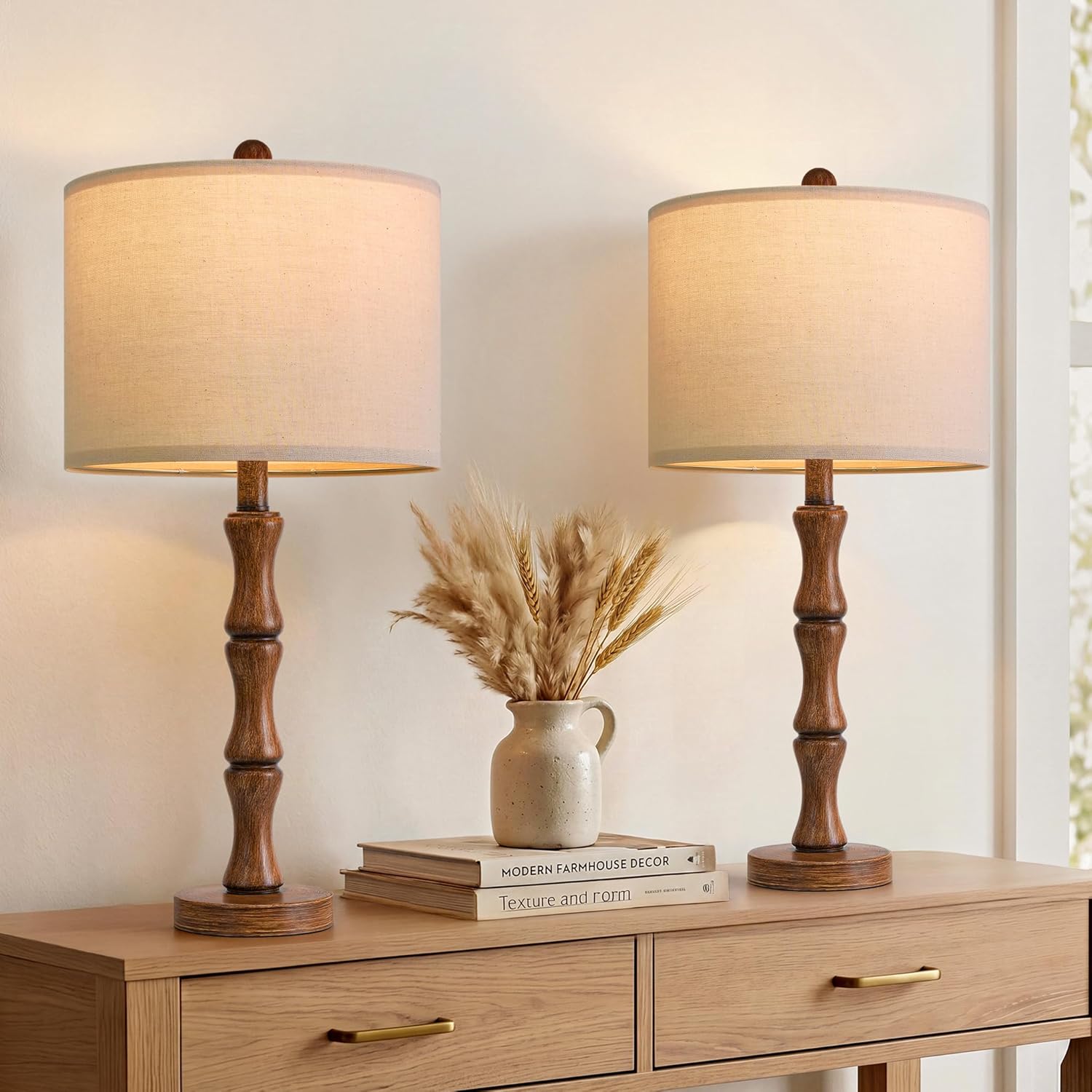Linen Farmhouse Brown Bedside Lamp — 20.5" — MEDIUM 25“-Light Walnut Color