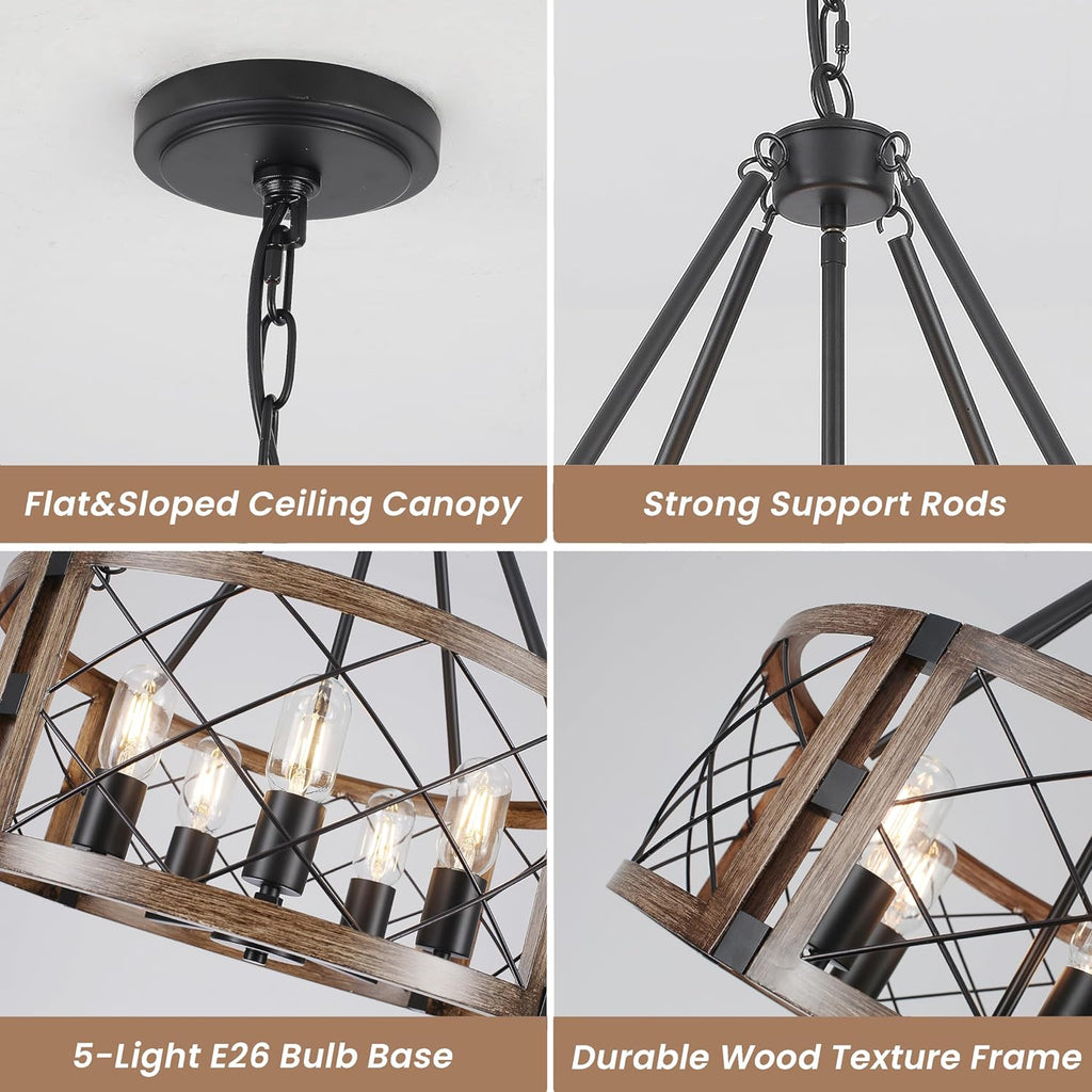 Adjustable Farmhouse Brown Chandelier — 5-Light - View 5