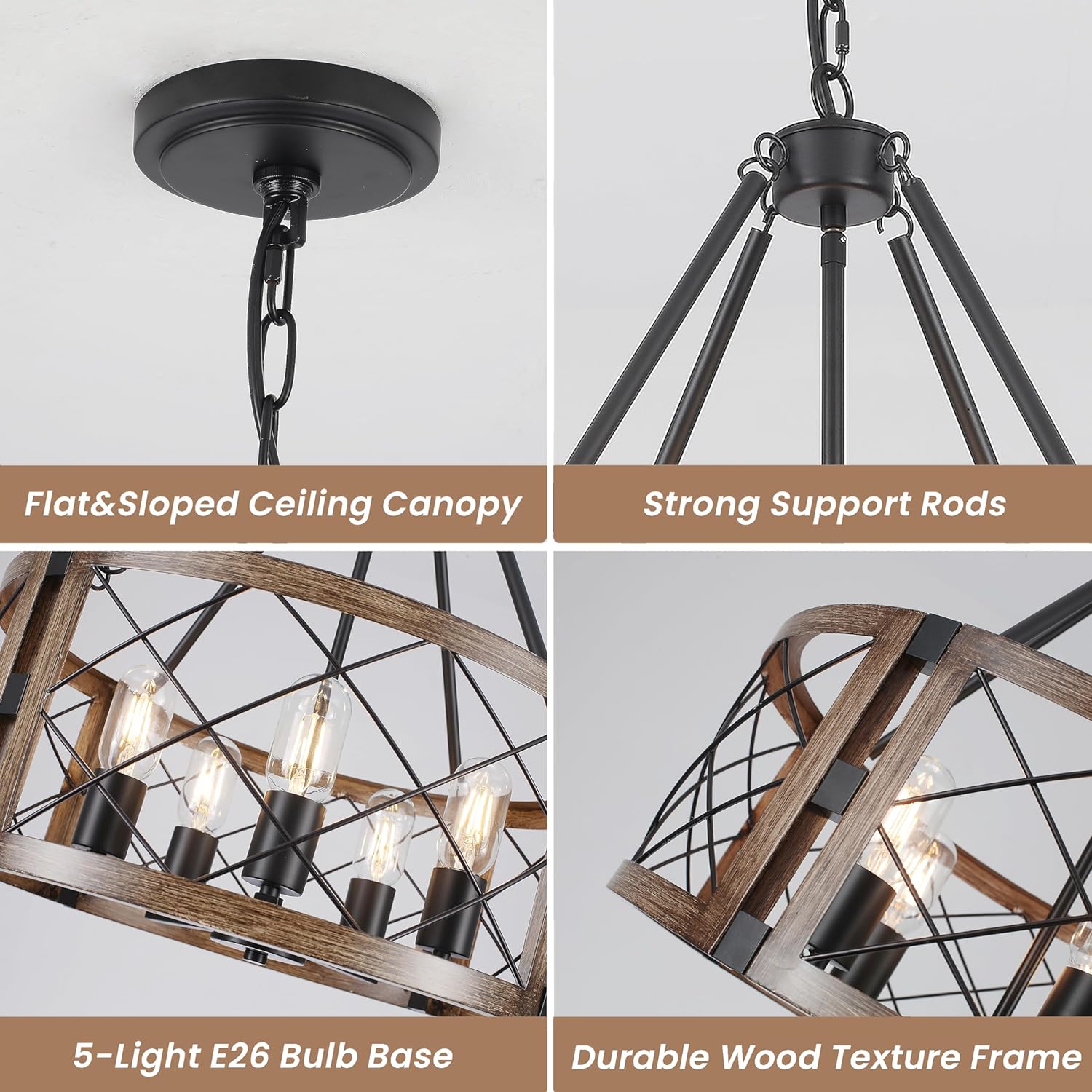Adjustable Farmhouse Brown Chandelier — 5-Light - View 5