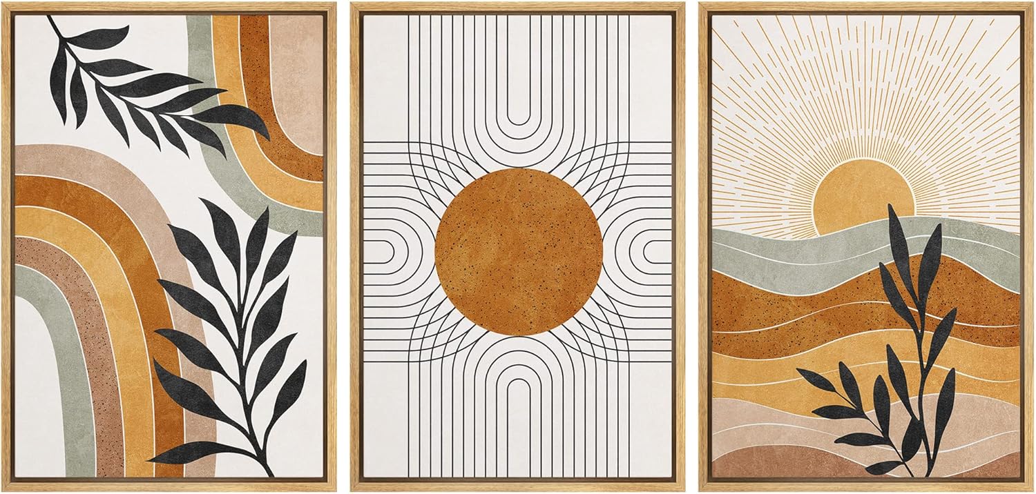 Framed Mid-Century Fabric Wall Art — 24" — 24" x 36" x 3 Panels NATURAL