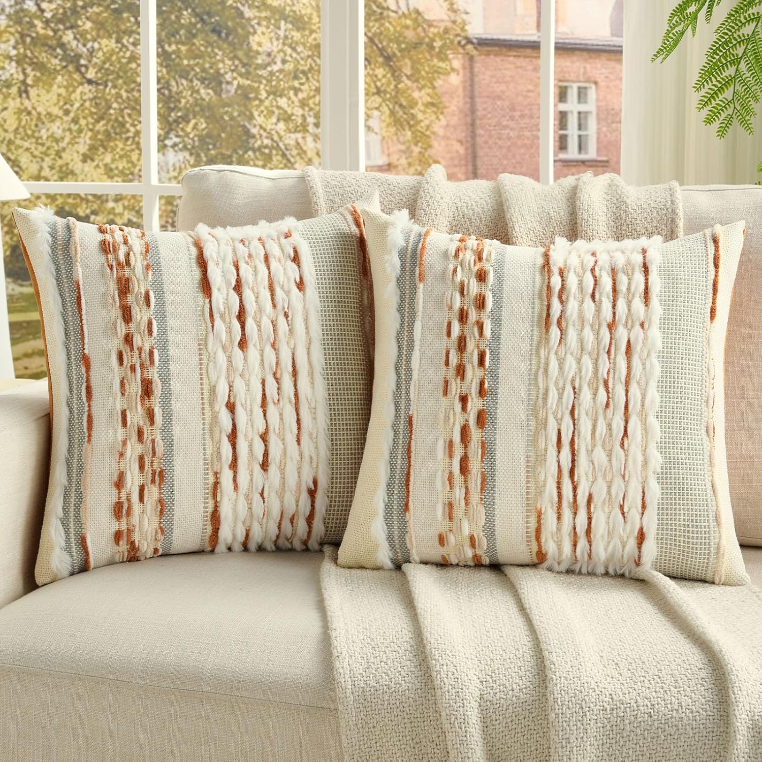 Tufted Boho Beige Throw Pillow Cover — 18" — Rust+beige