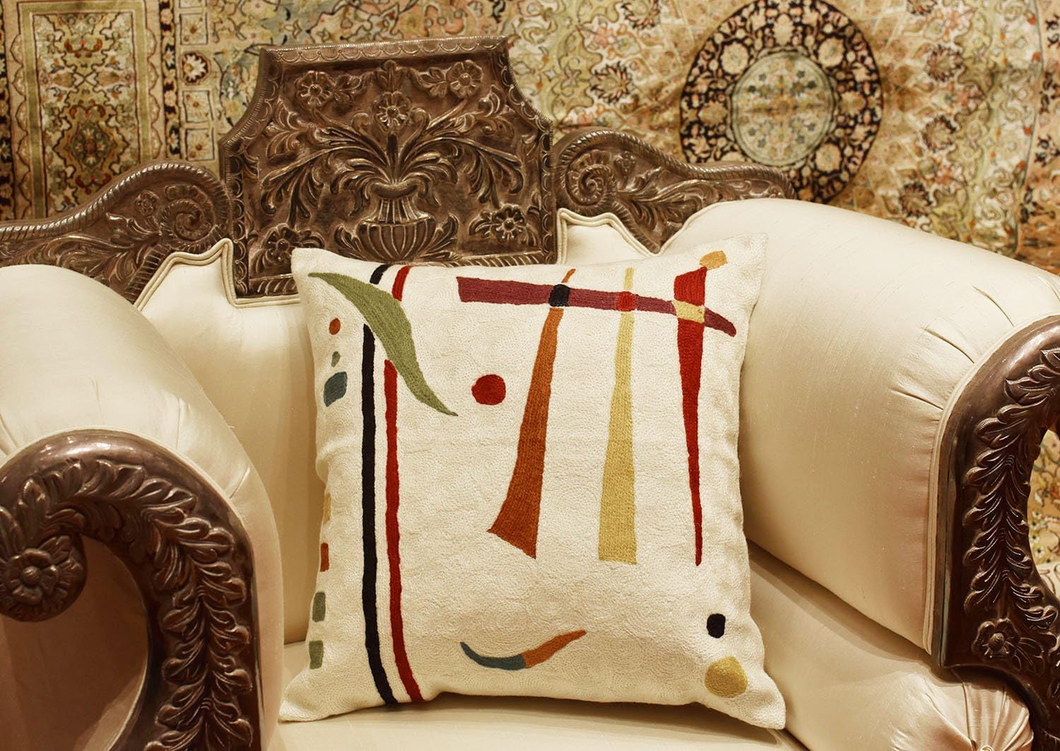 Embroidered Boho Blue Throw Pillow Cover — 18x18 - View 2