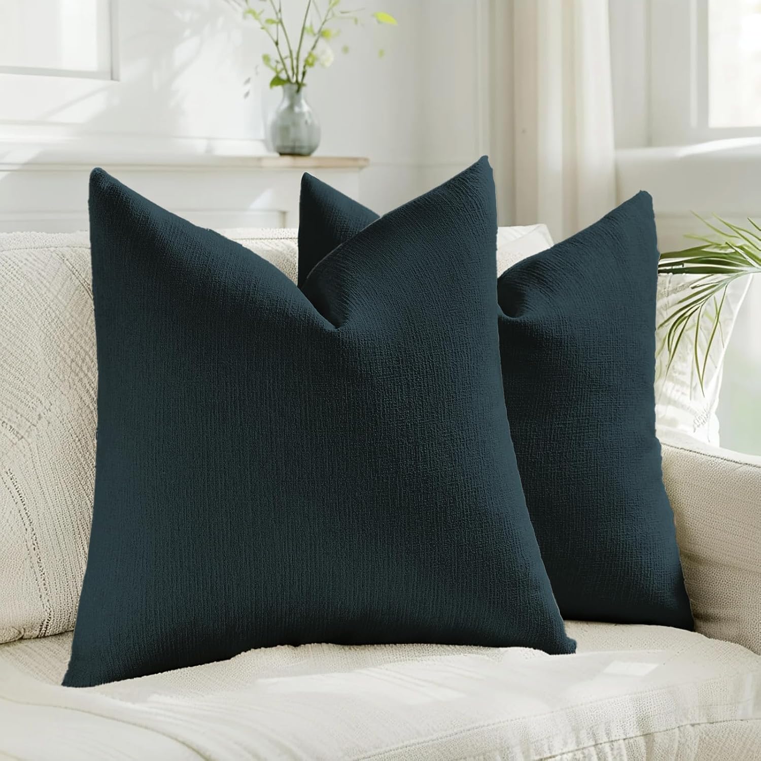 Linen Boho Beige Pillow Cover — 18" — Navy Blue