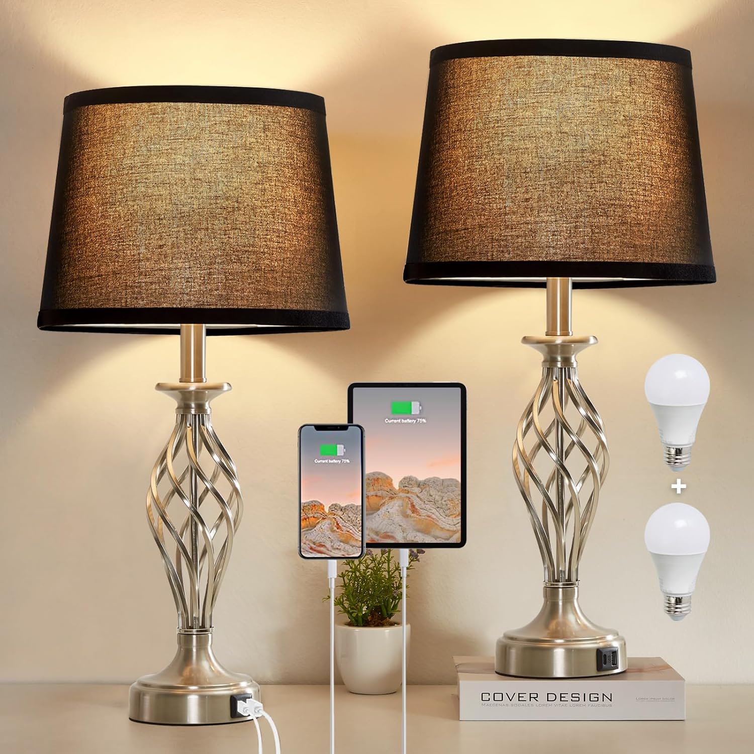 USB Modern Beige Bedside Lamp — Set of 2 — Silver Base + Black Lampshade