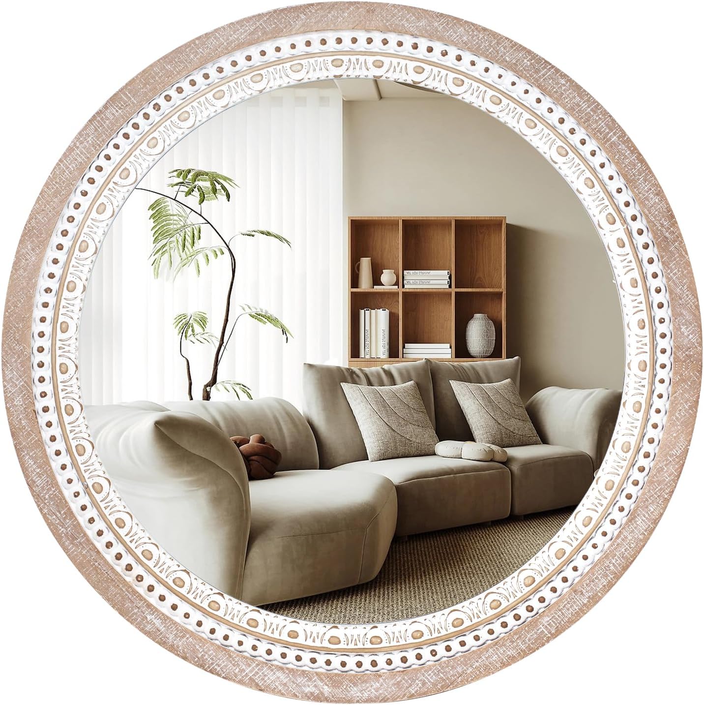 Boho Wood Round Mirror — 24" — 30"L x 30"W