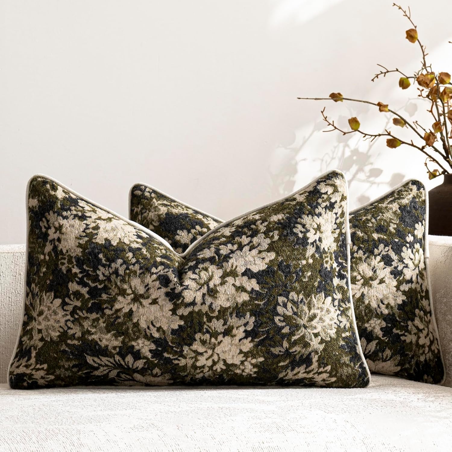 Chenille Boho Beige Throw Pillow — 26" — Olive Green
