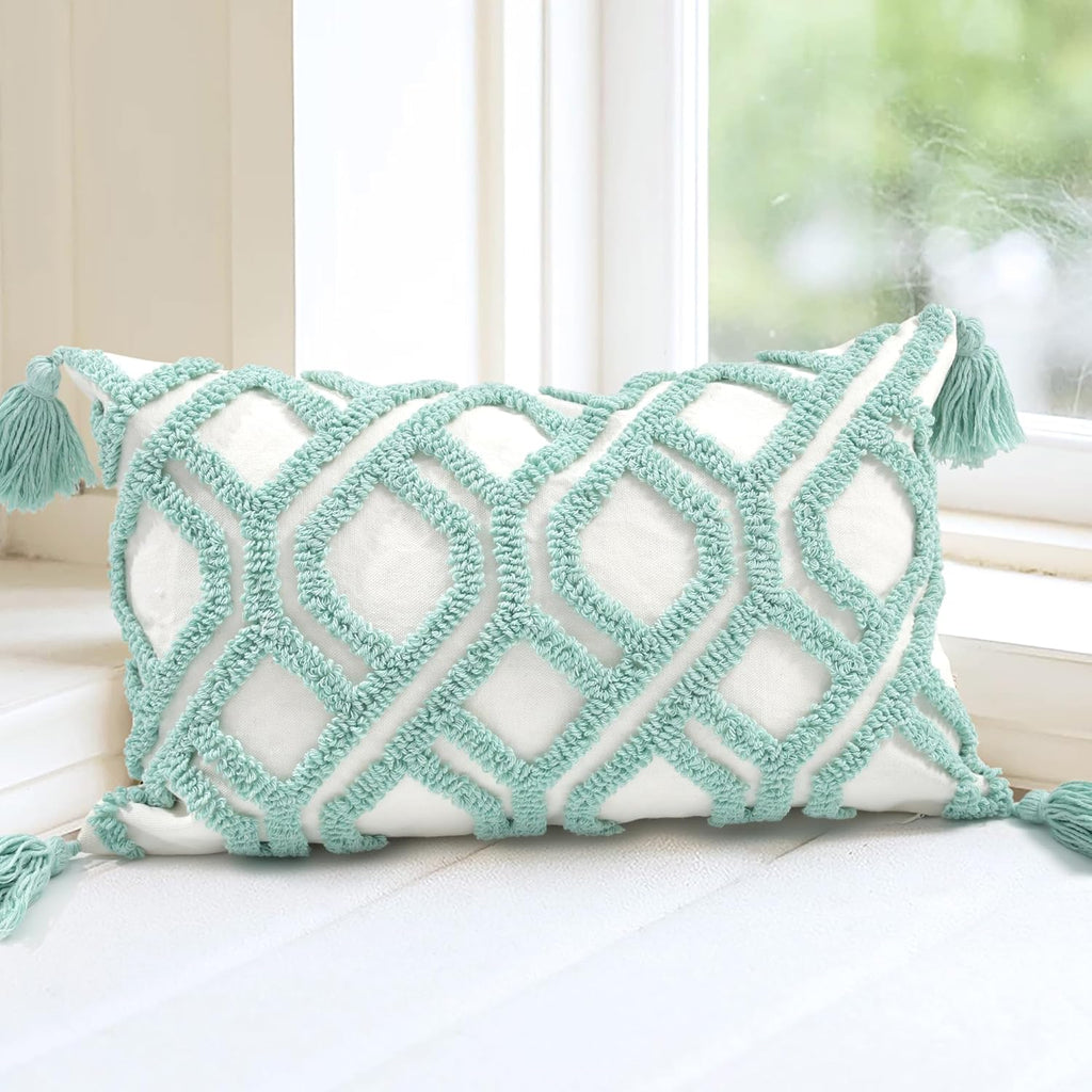Tufted Boho Beige Throw Pillow Cover — 18" — Boho Aqua