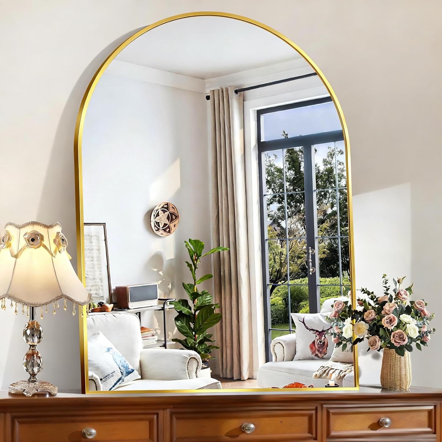 Rectangular Luxe Black Mirror — 30" — Arched Frame Gold
