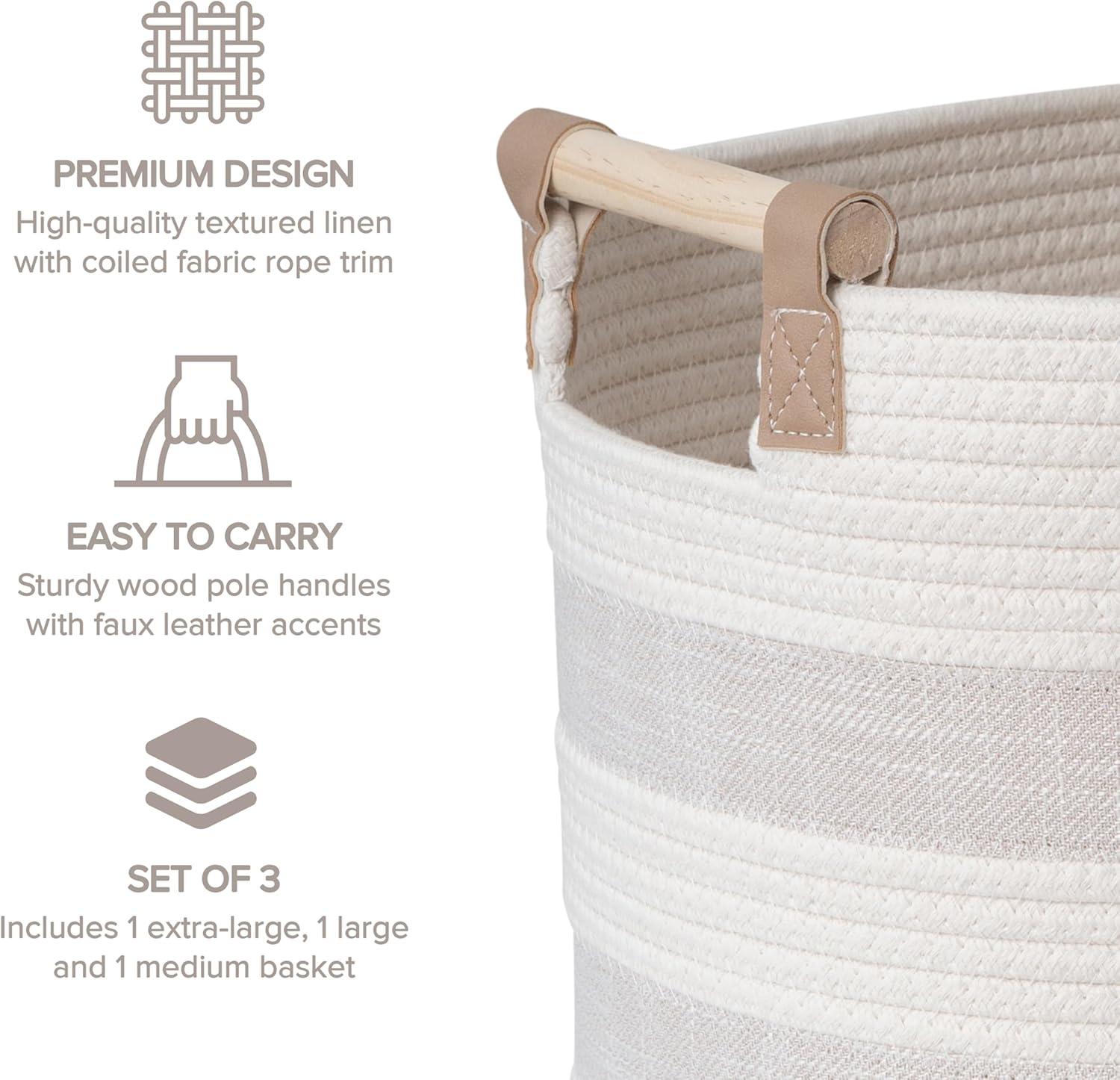 Linen Boho Beige Storage Basket — Set of 3 - View 4