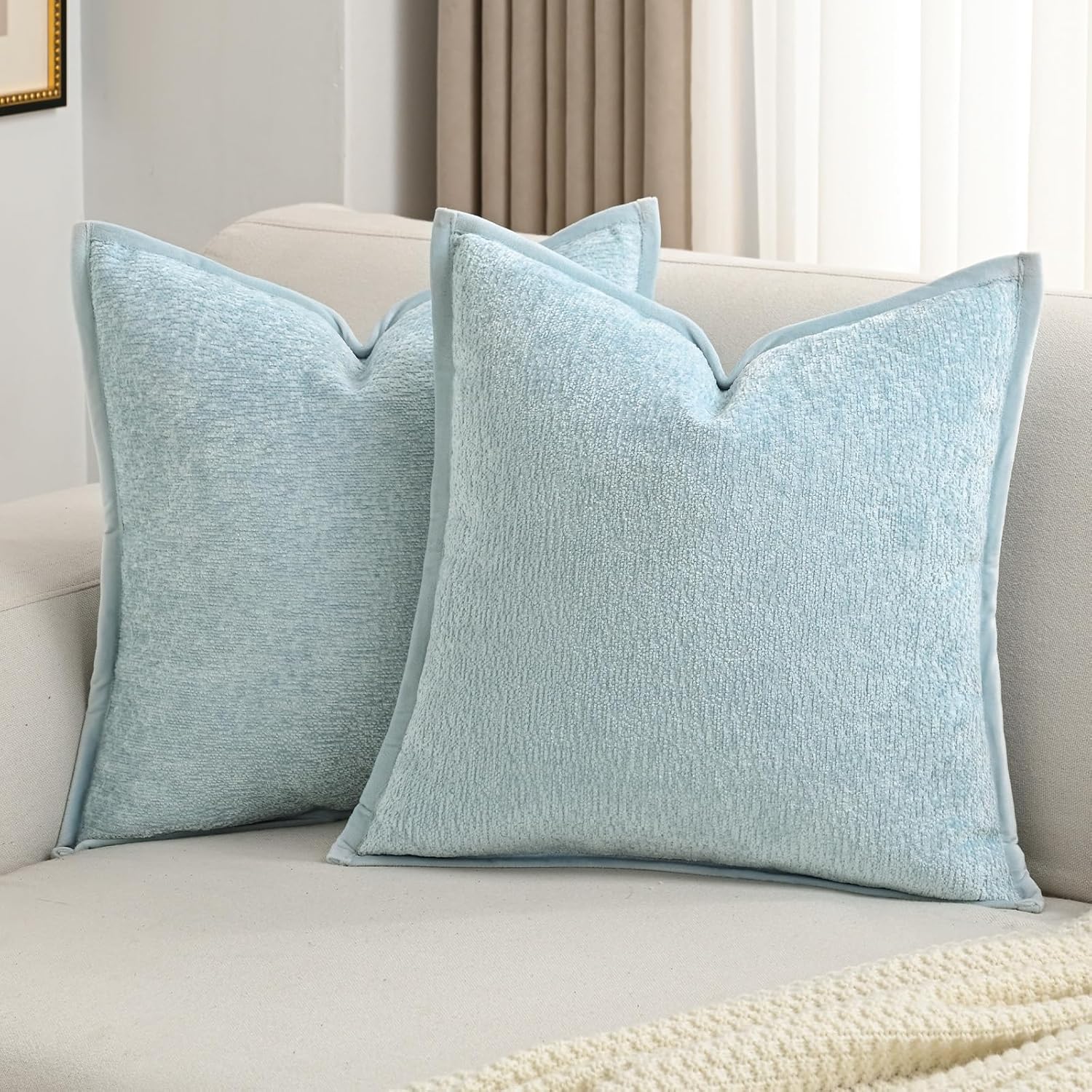 Chenille Beige Throw Pillow Cover — 20" — Light Blue