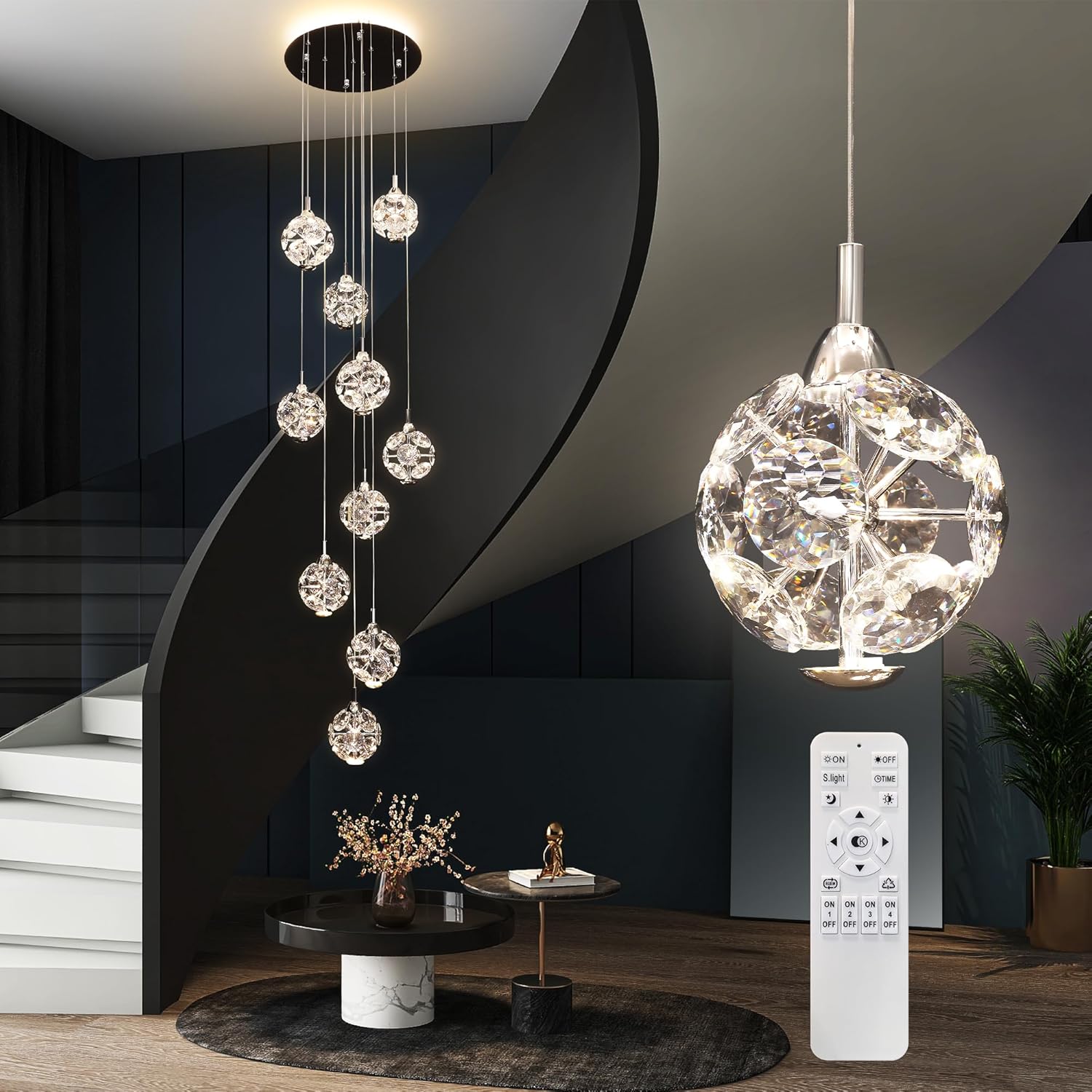 Adjustable Luxe Grey Chandelier — 10-Light — White Crystal Irregular