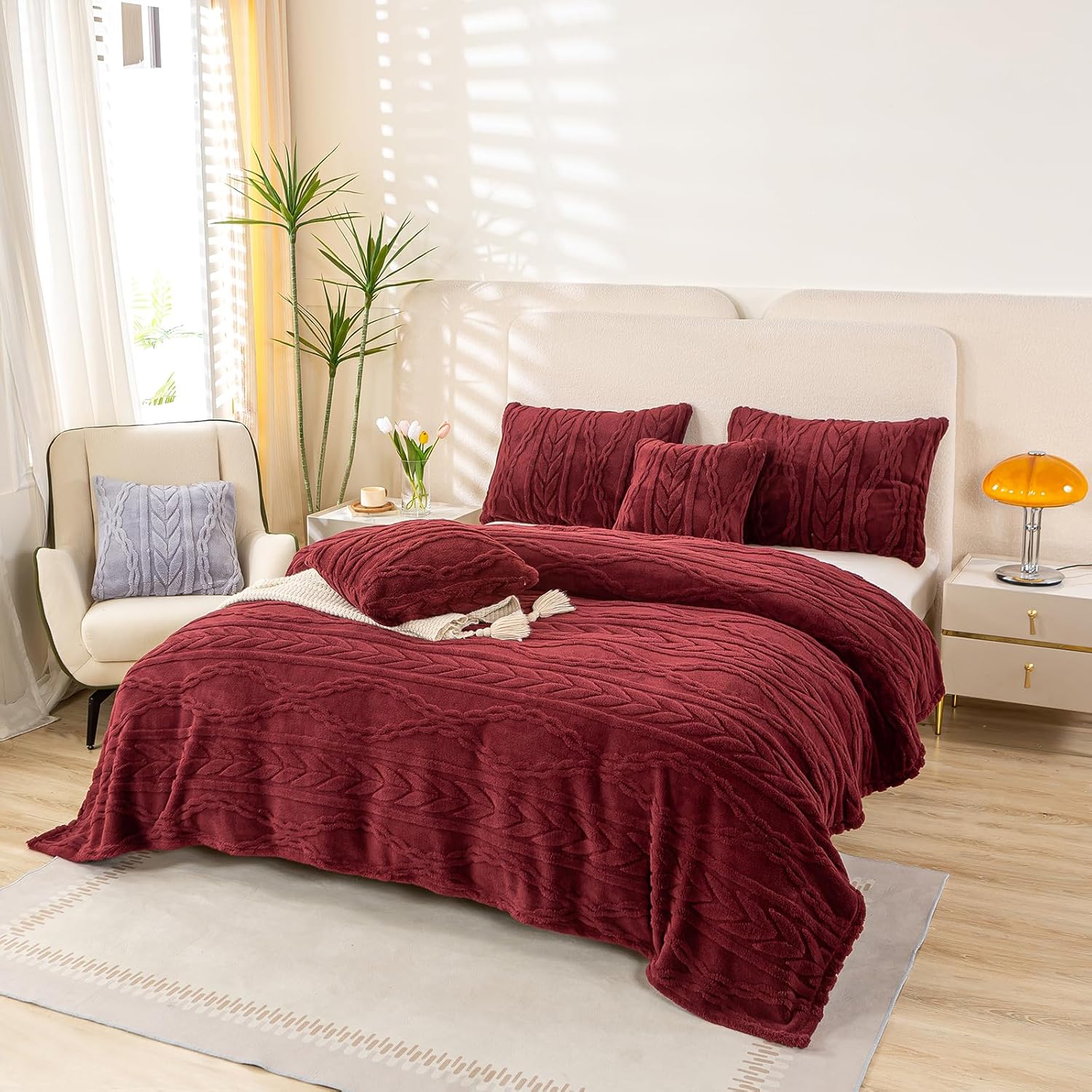 Beige Throw Pillow — 50" — Burgundy Red