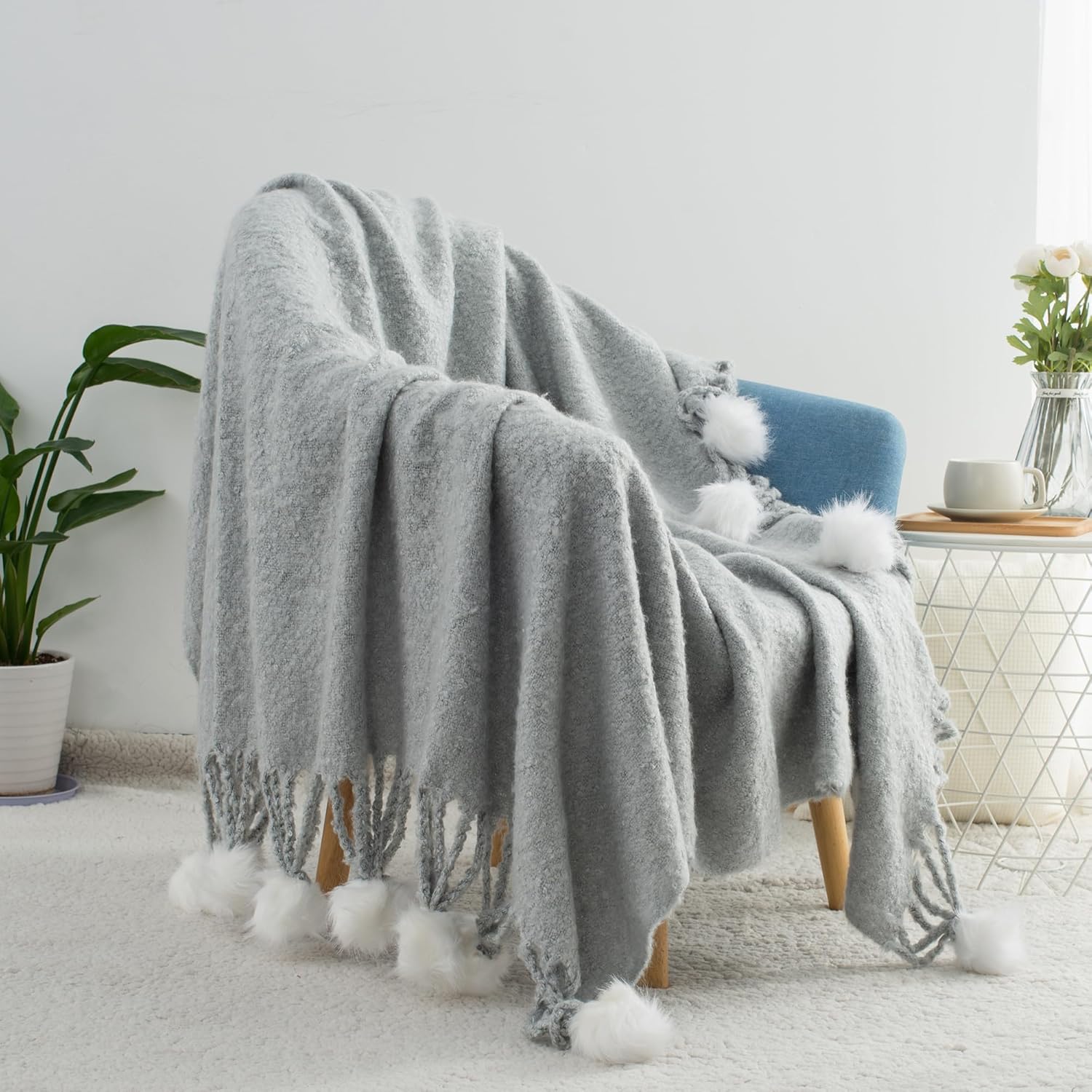 Pom Pom Farmhouse Blue Throw Pillow — 60" — Pom-grey