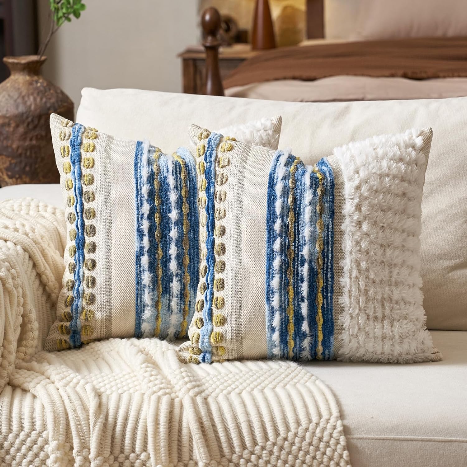 Tufted Boho Blue Throw Pillow Cover — 18" — Blue White