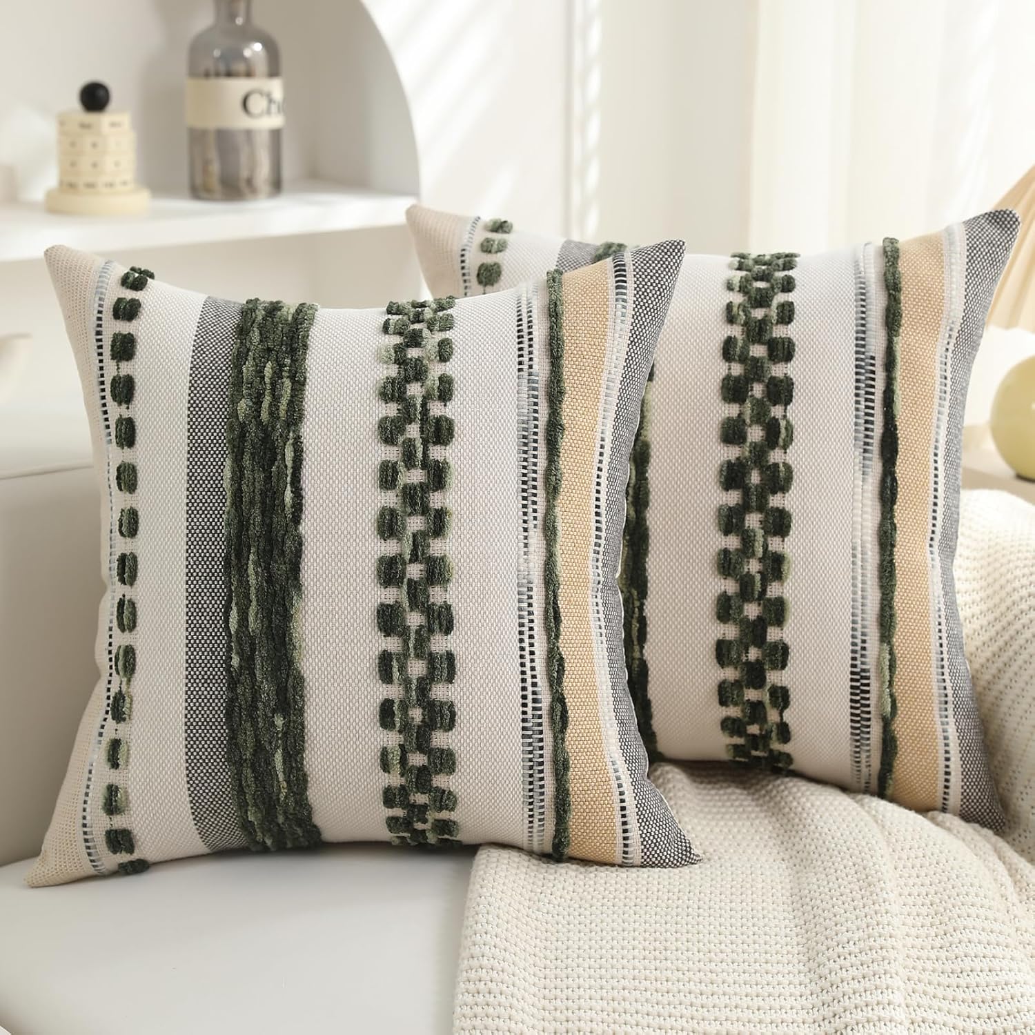 Chenille Boho Black Throw Pillow Cover — 18x18 — Dark Green Stripe