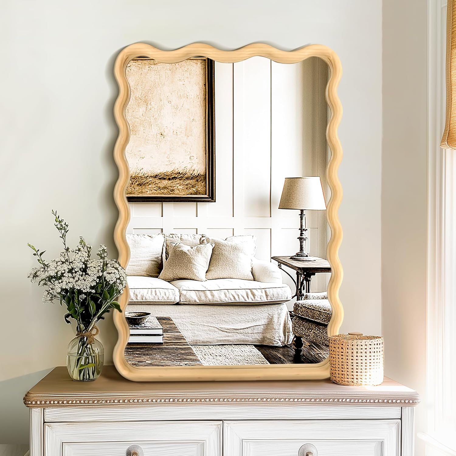 Round Boho Beige Vanity Mirror — 28" — Natural a