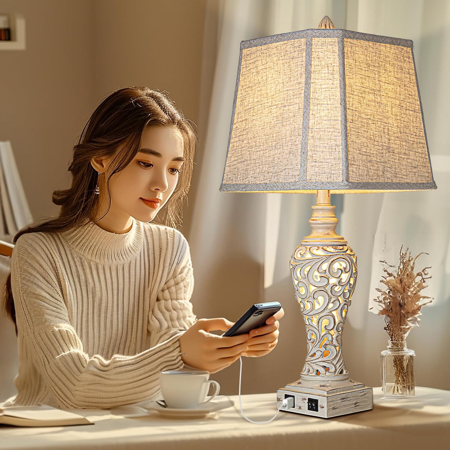 USB Beige Bedside Lamp — 28.5" - View 5