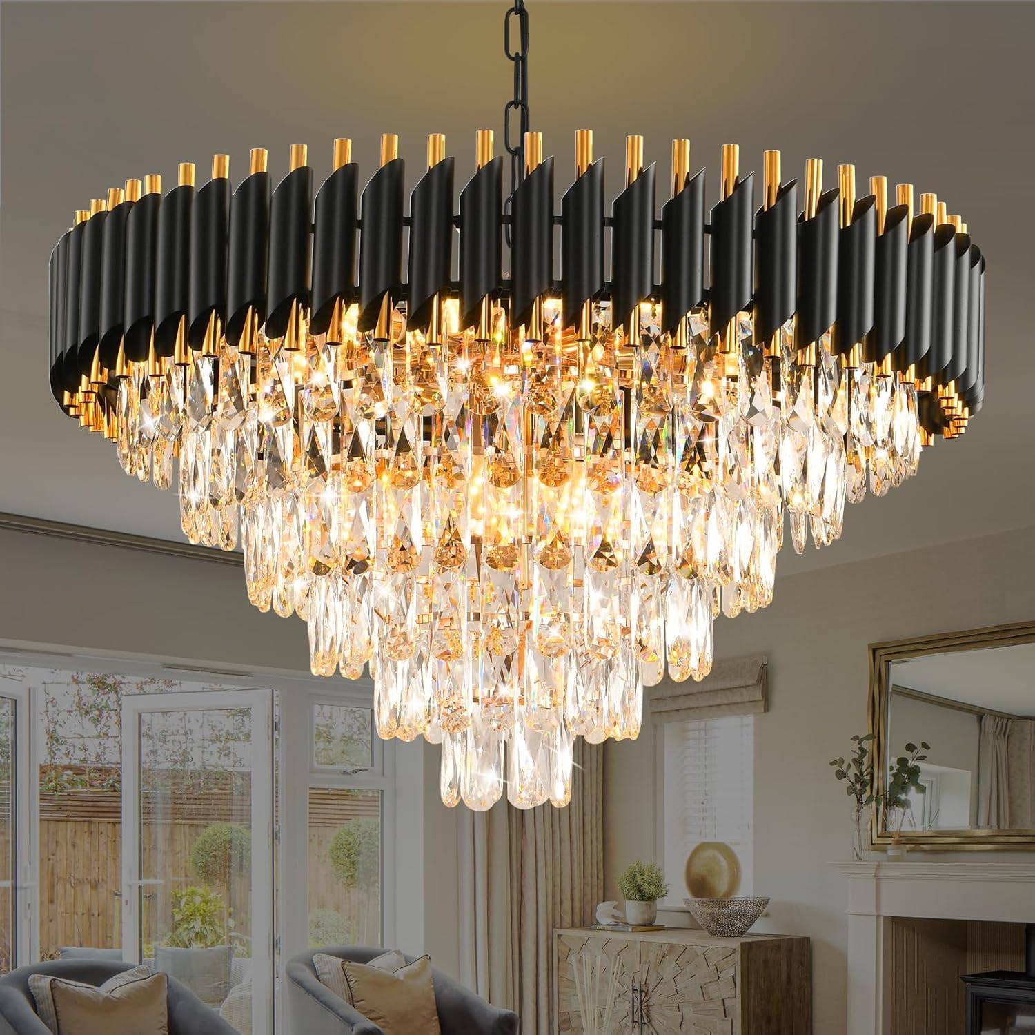Oval Luxe Black Chandelier — 8-Light — Black and Gold