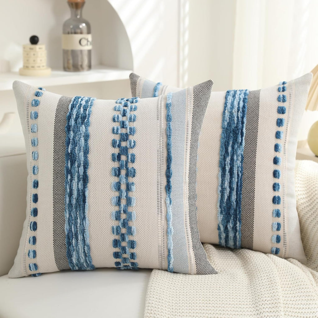 Chenille Boho Black Throw Pillow Cover — 18x18 — Blue Stripe