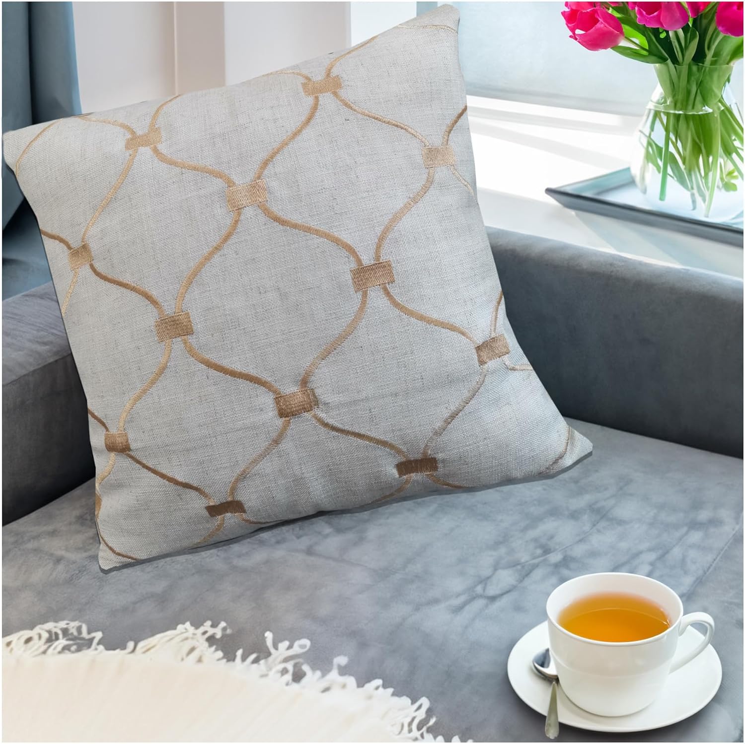 Embroidered Boho Beige Throw Pillow Cover — 20" — 18" x 18" (Pack of 1)