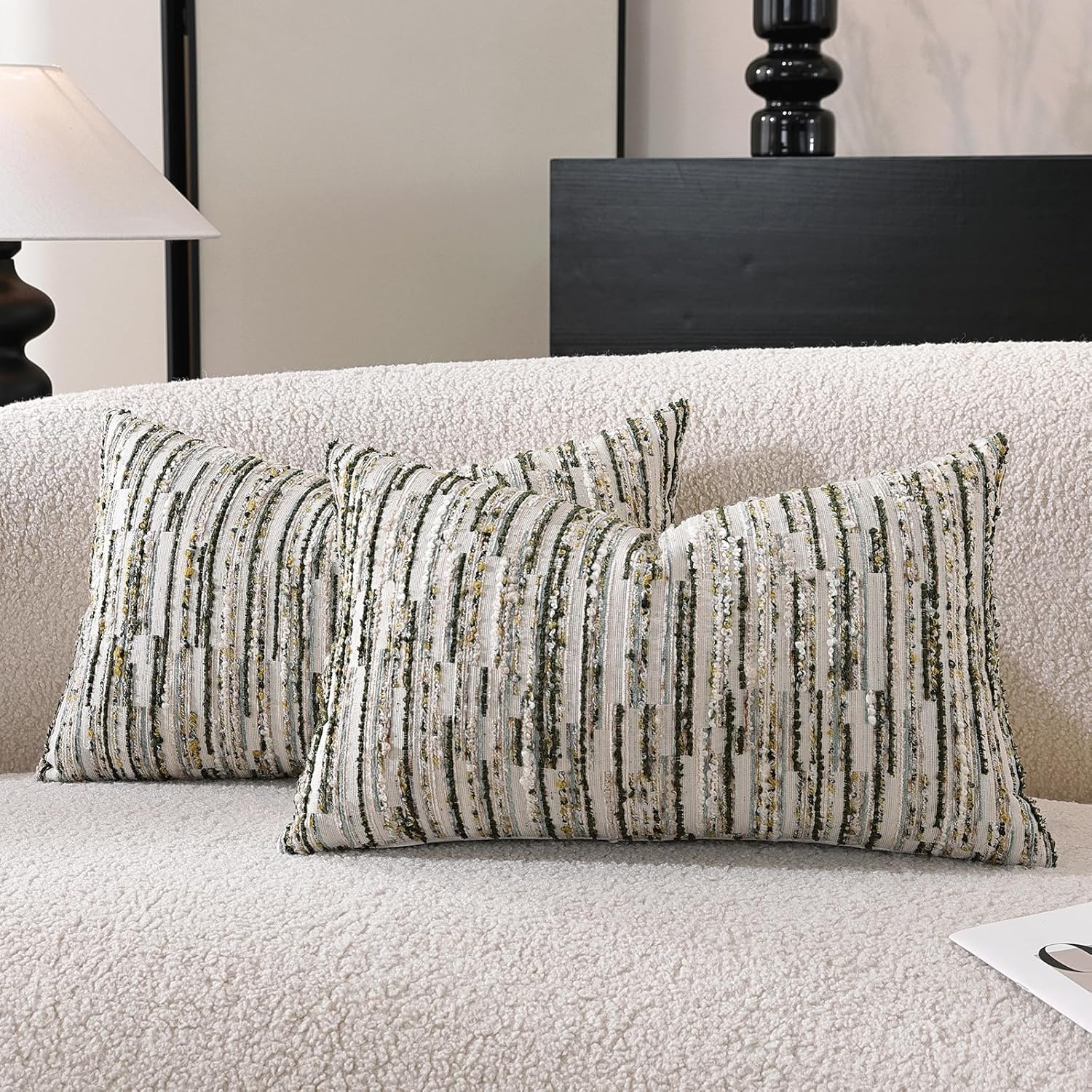 Chenille Boho Beige Throw Pillow Cover — 18" — Green
