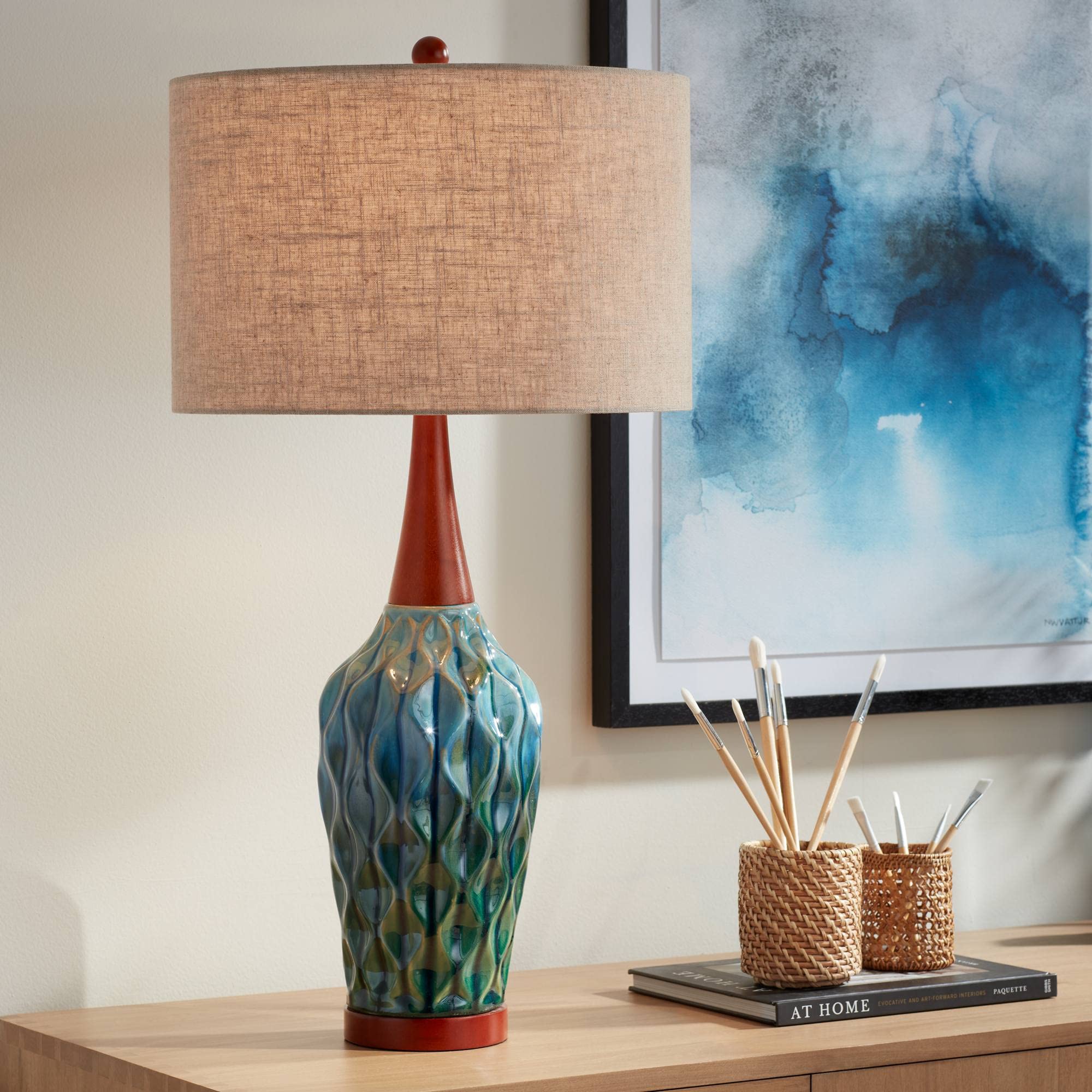 Linen Mid-Century Blue Table Lamp — 30"