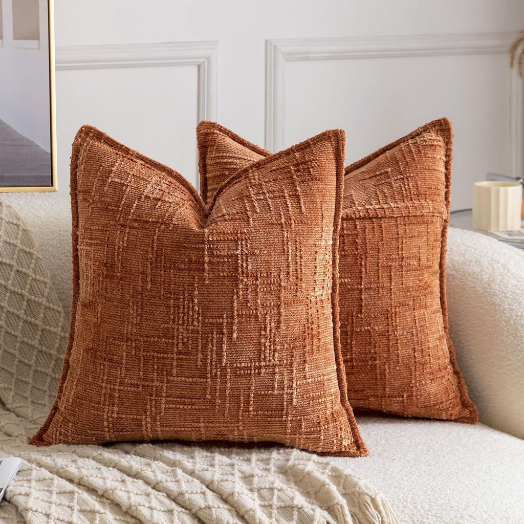 Chenille Boho Beige Throw Pillow Cover — 18" — Rust
