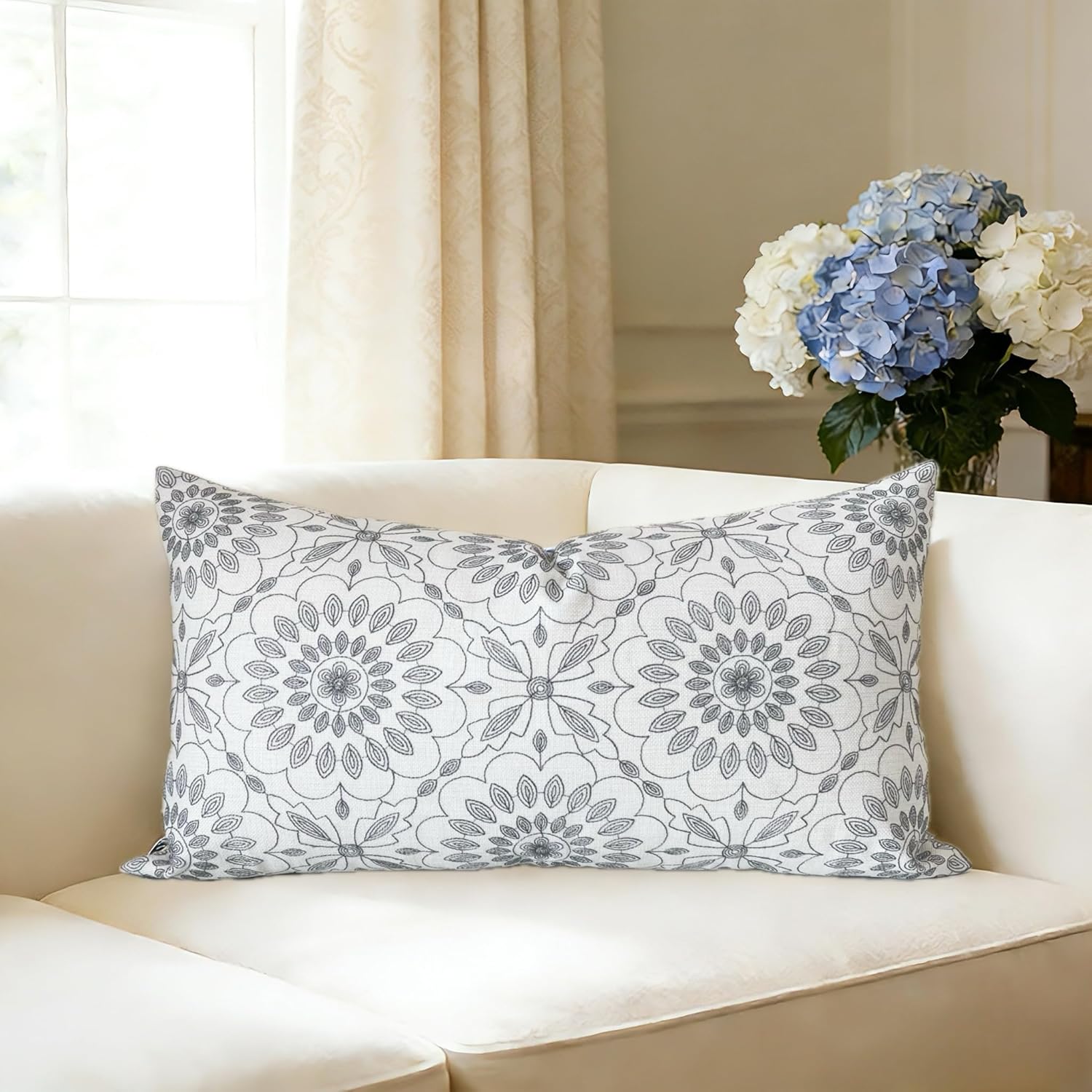 Embroidered Boho Beige Throw Pillow Cover — 18" — Embroidery Dark Gray Flower