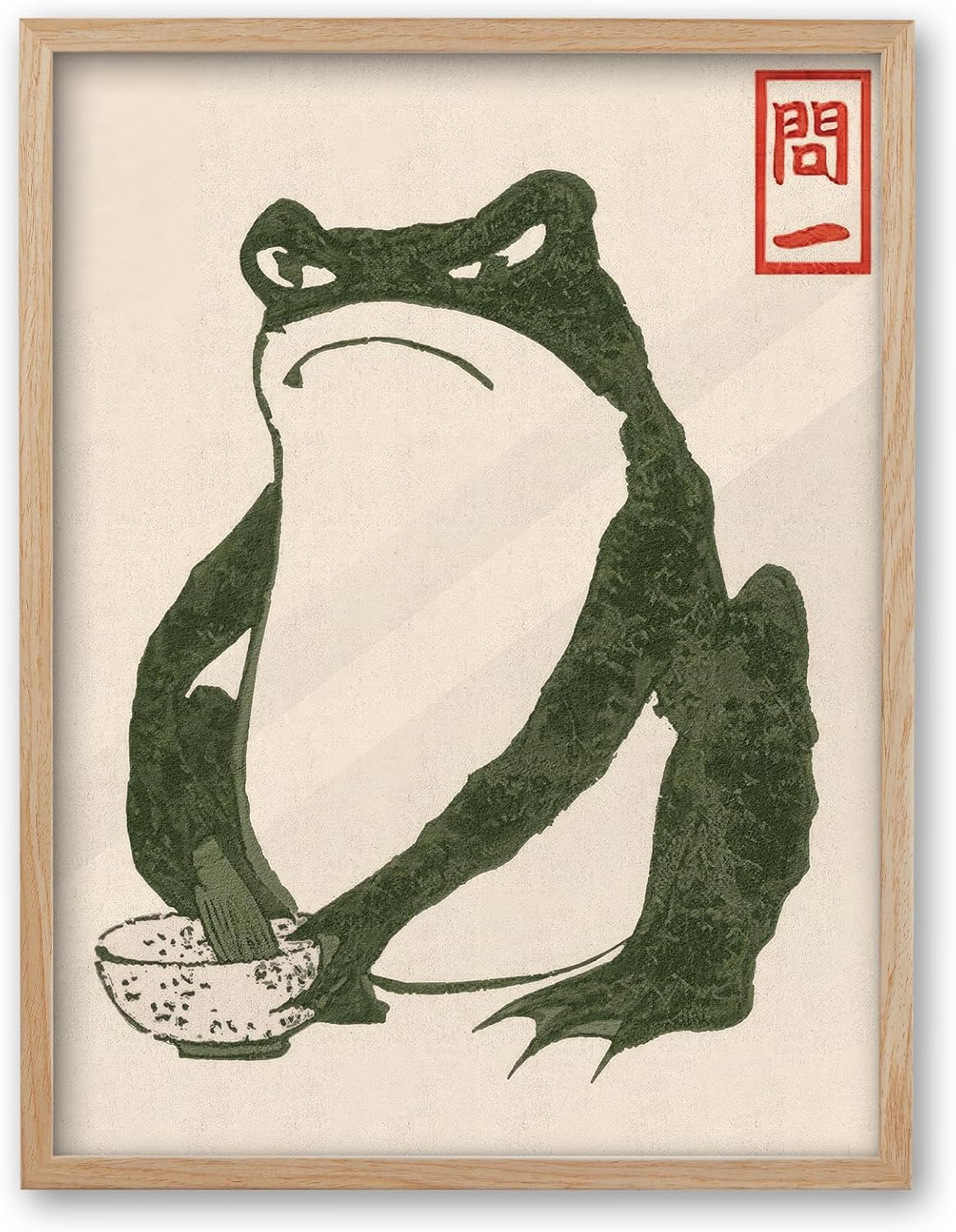 Vintage Black Framed Wall Art — 16" — Oak Wood Framed Green Frog
