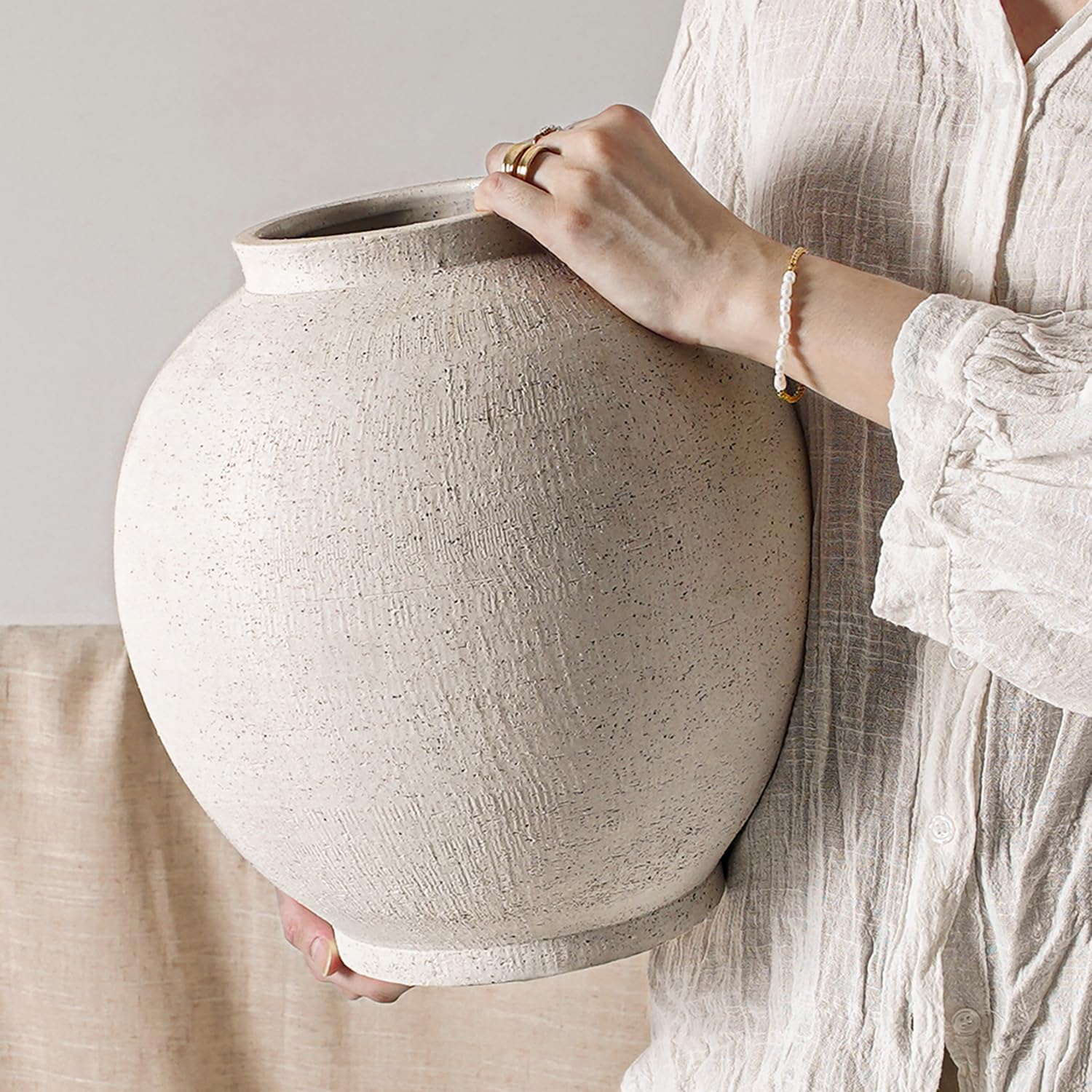 Farmhouse Beige Flower Vase — 8" — Sandstone White
