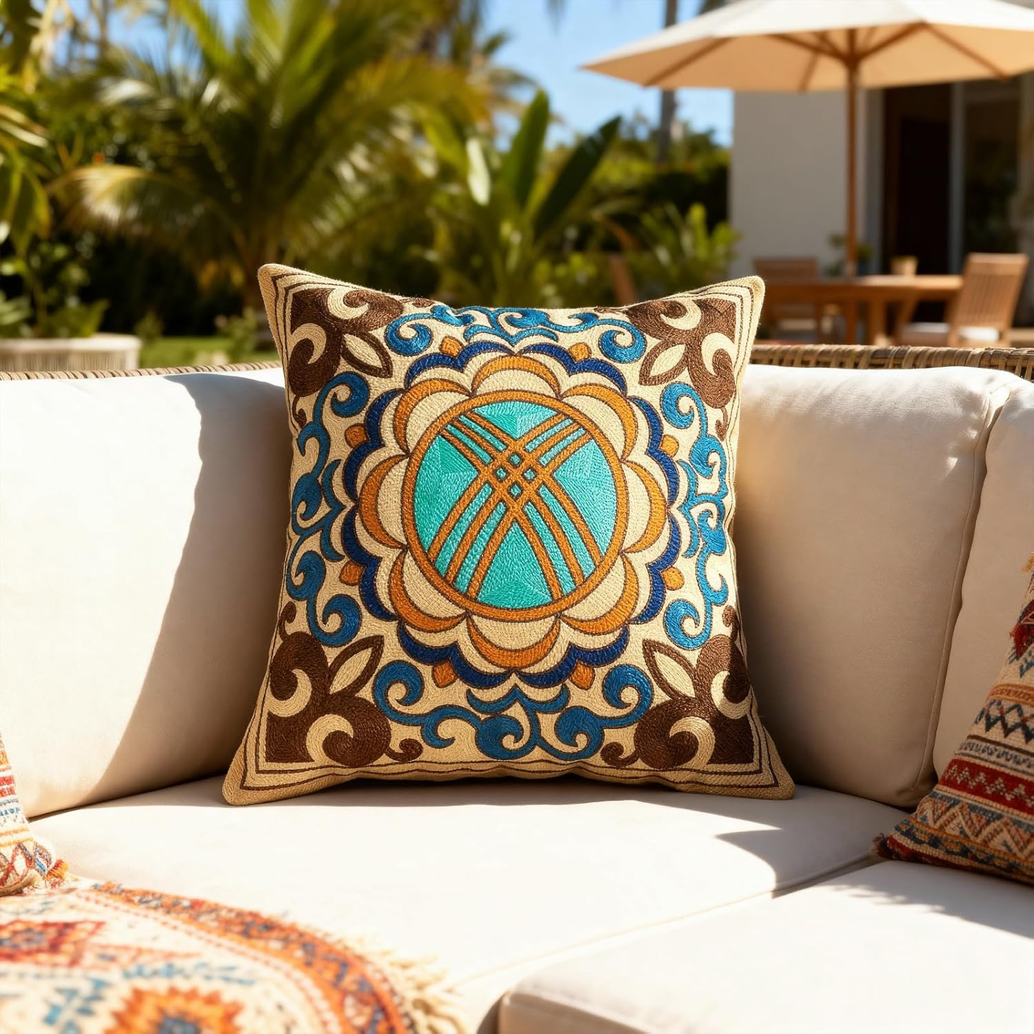 Boho Black Throw Pillow Cover — 18" — Flower-brown