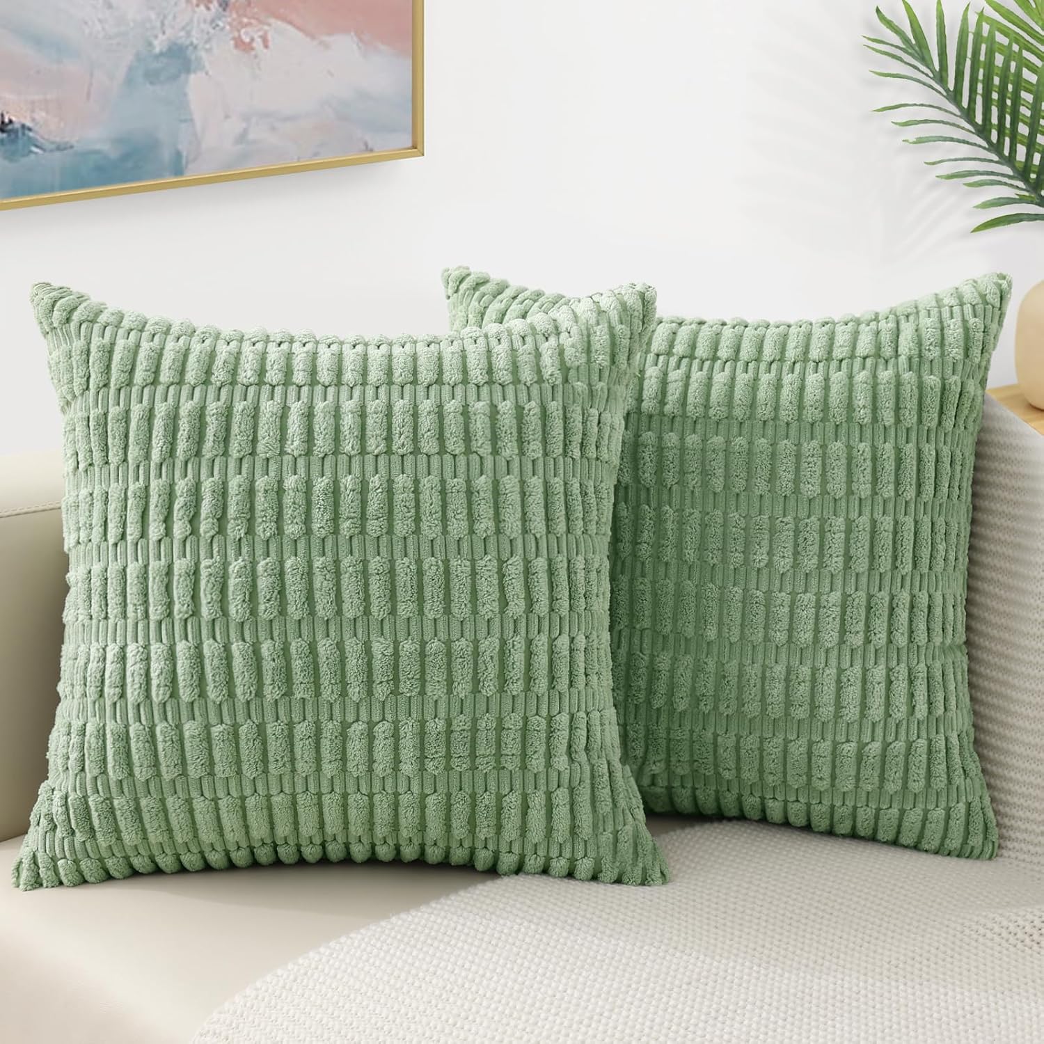 Boho Beige Throw Pillow Cover — 18" — Light Sage Green