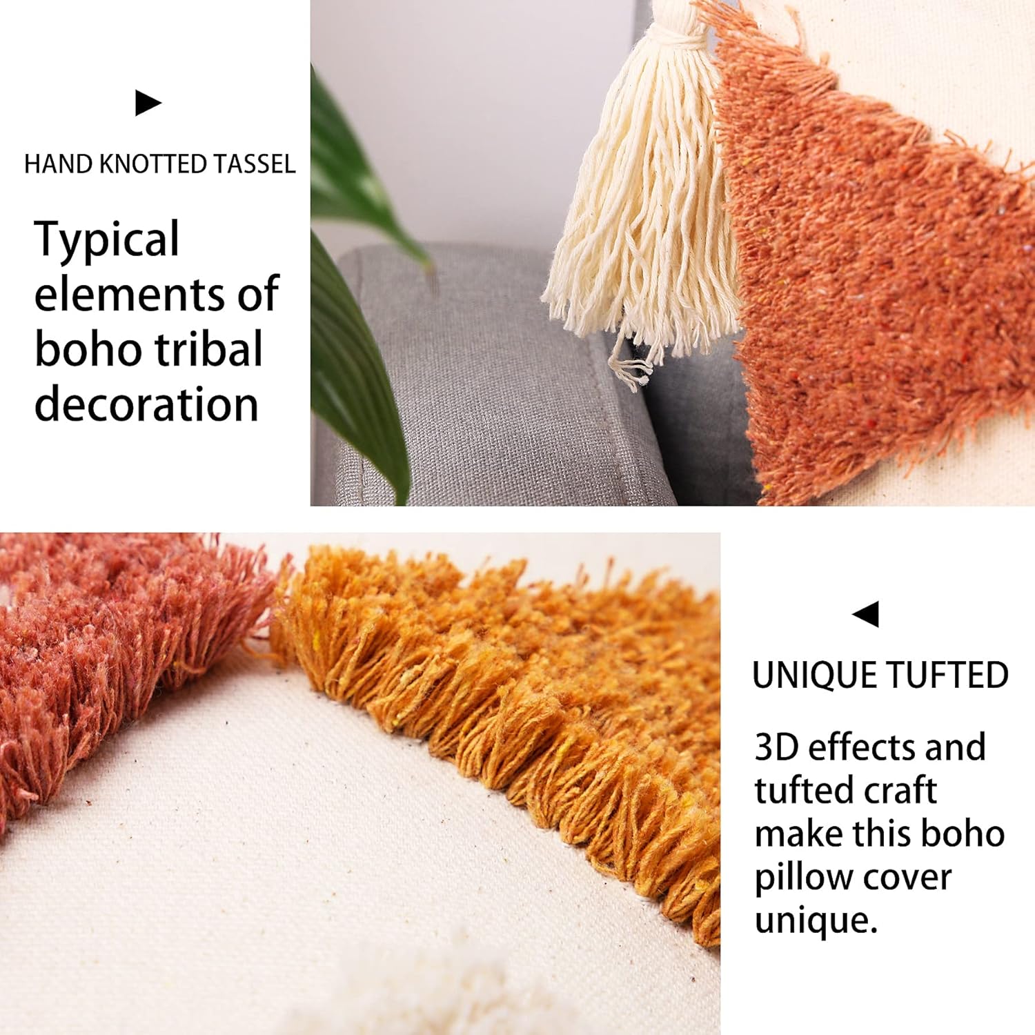 Tufted Boho Orange Throw Pillow Cover — 20" - View 3