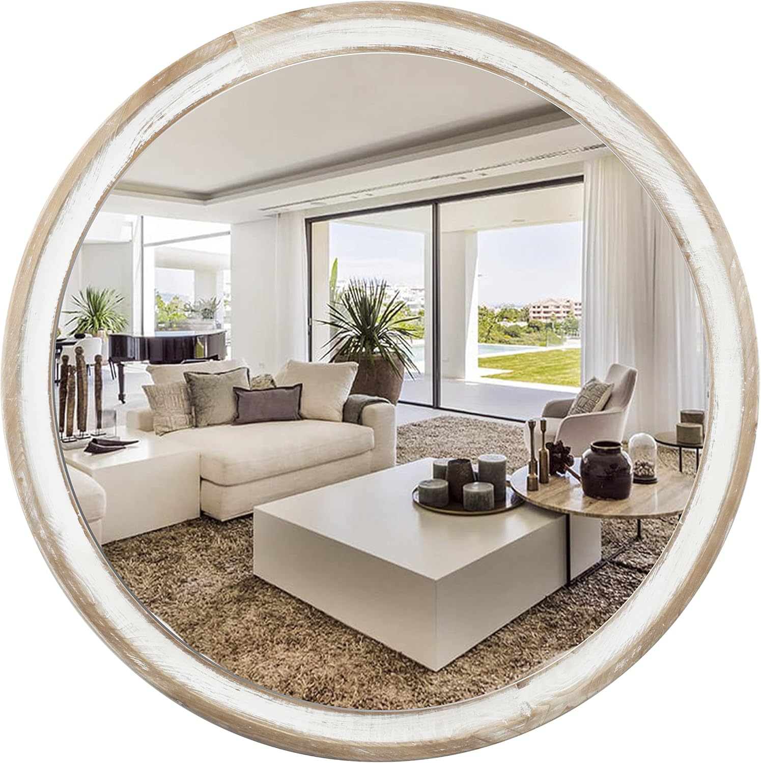 Boho Wood Round Mirror — 24" — 24"L x 24"W