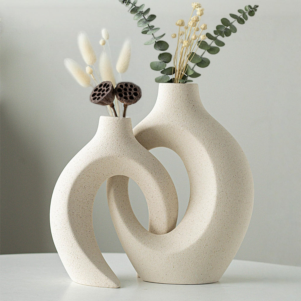 Round Boho Beige Vase Set — Set of 2