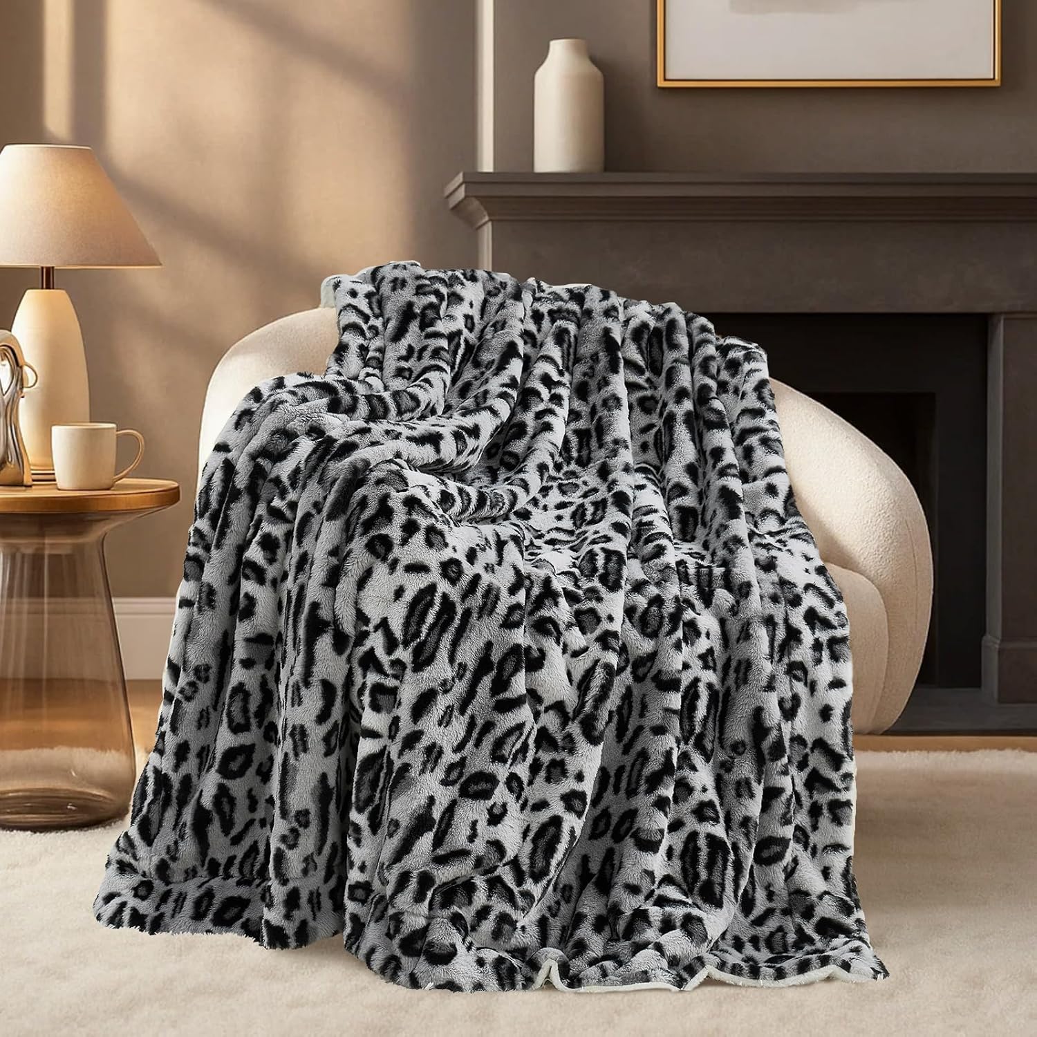 Black Throw Pillow — 50" — Snow Leopard