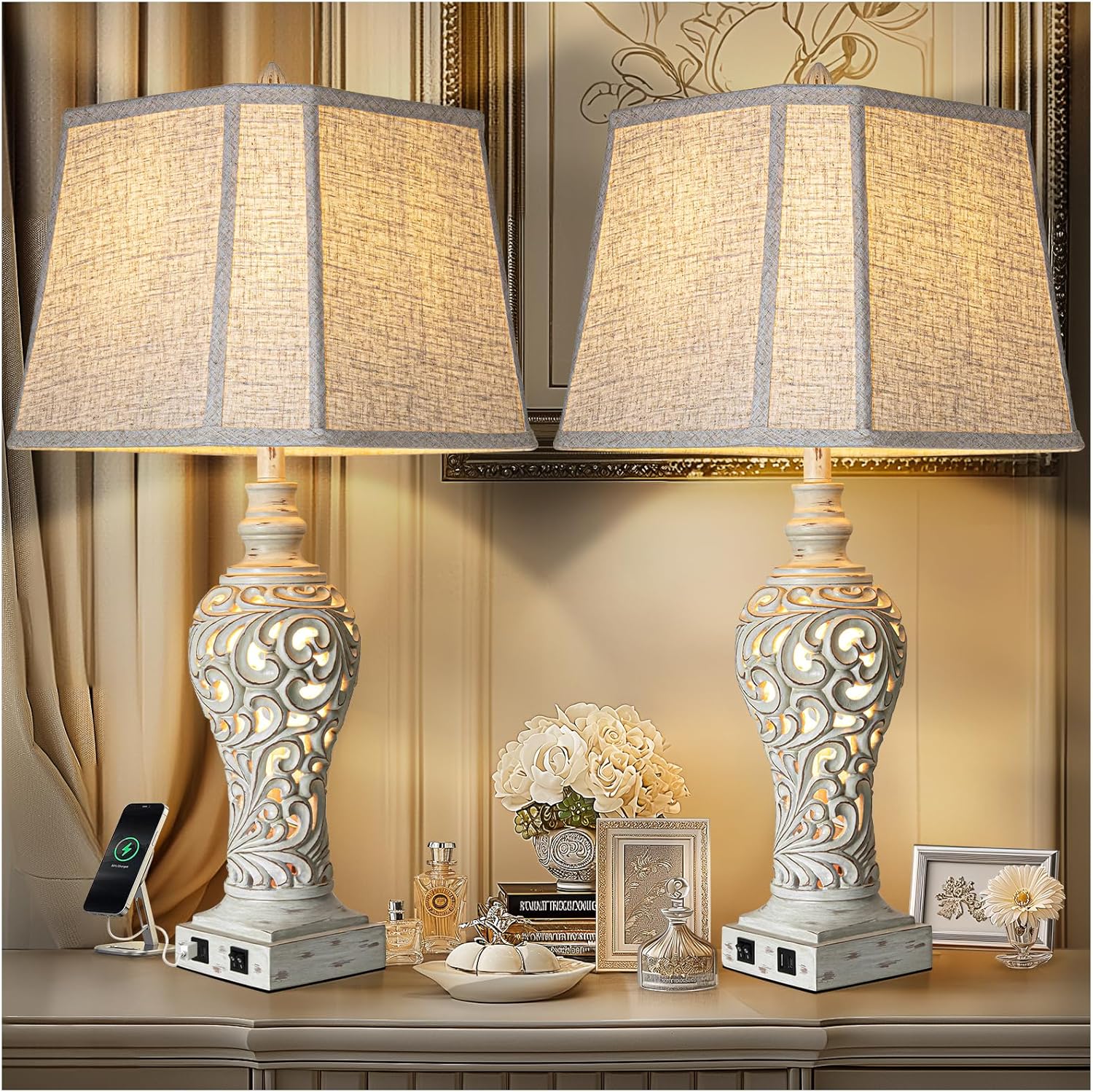 USB Beige Bedside Lamp — 28.5" — Cream-Set of 2
