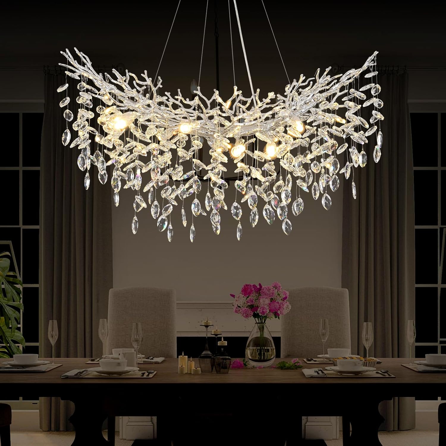 Rectangular Luxe Black Chandelier — 16-Light — Silver