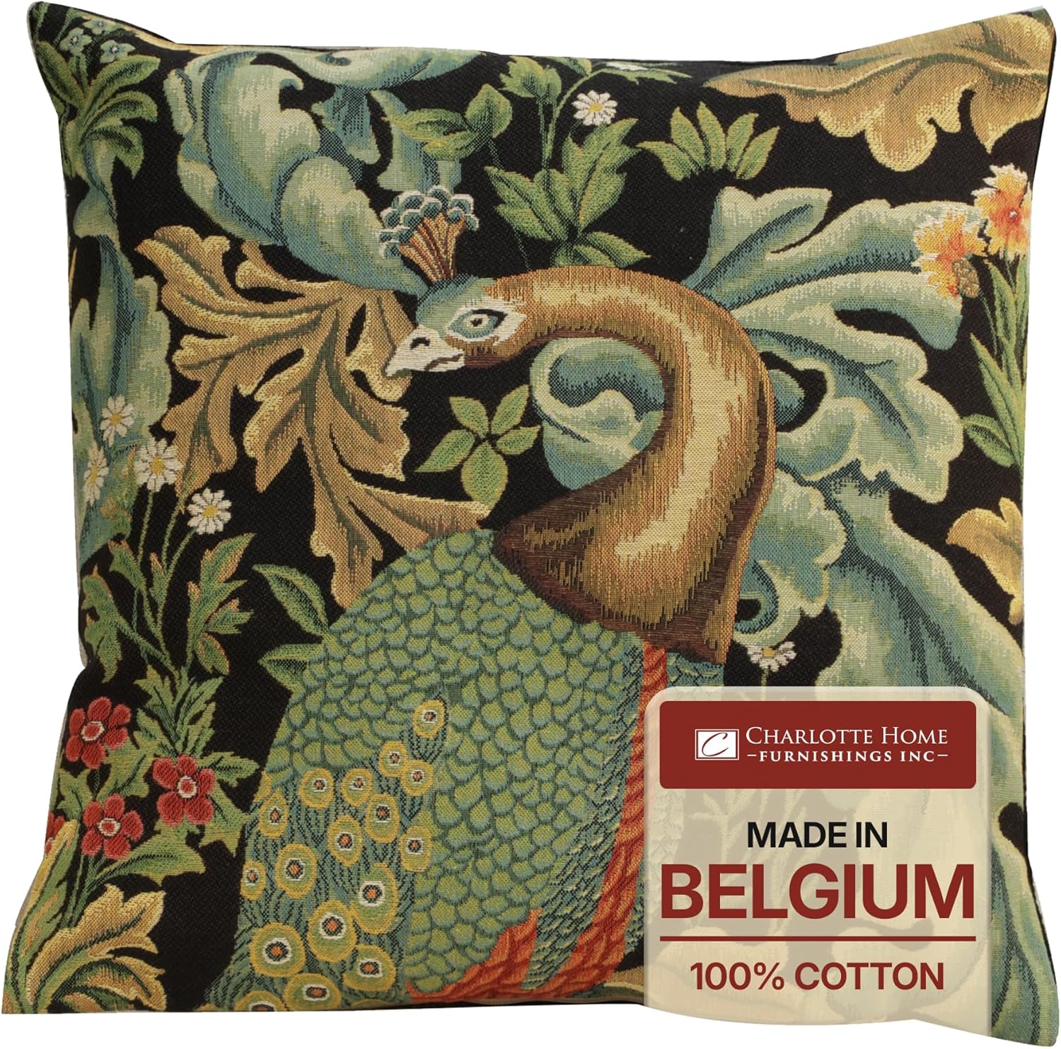 Vintage Boho Black Throw Pillow Cover — 18x18 — Black Peacock