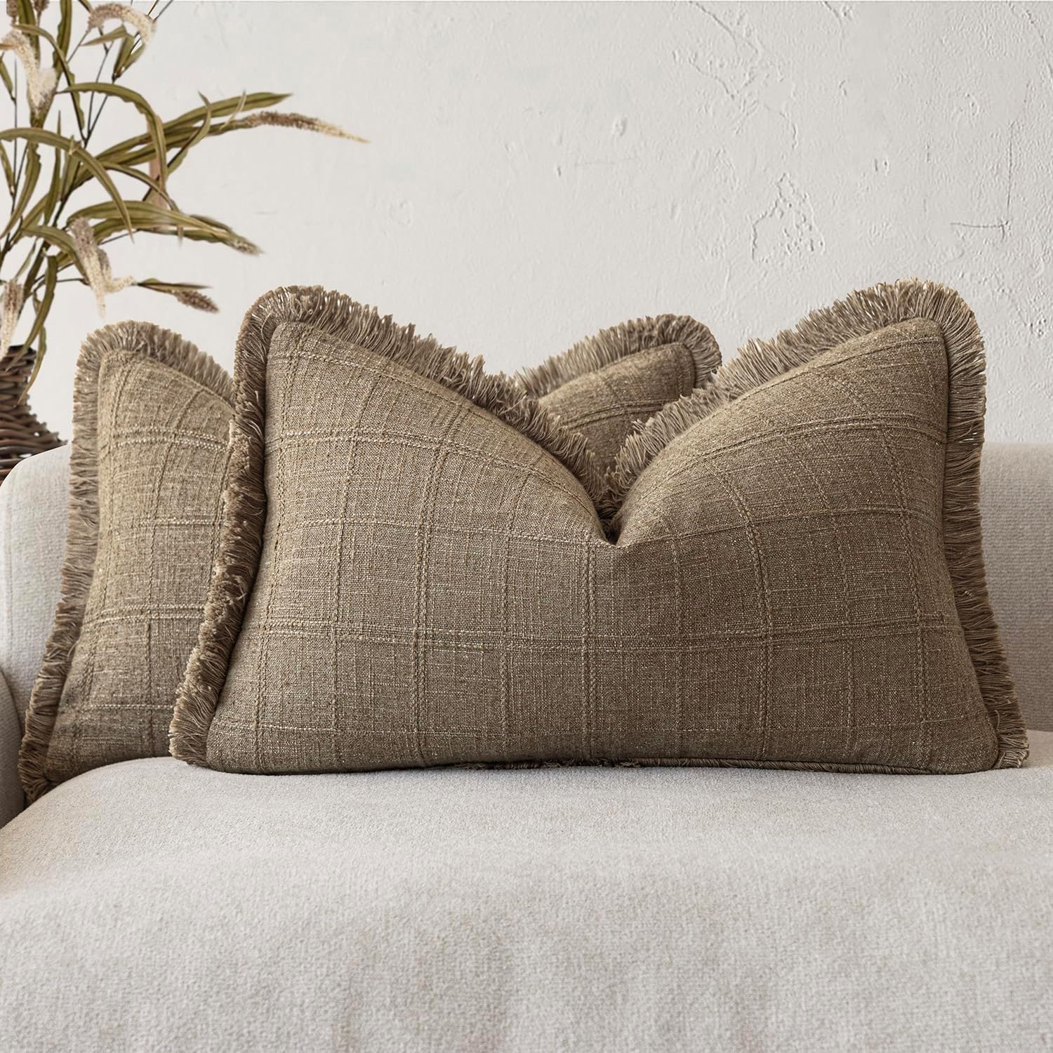 Linen Boho Beige Throw Pillow Cover — 18" — 20" x 12" (Pack of 2)