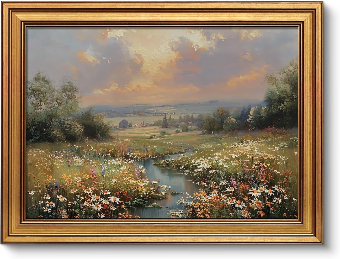 Framed Luxe Brown Canvas Wall Art — 16" — Flower Field Stream