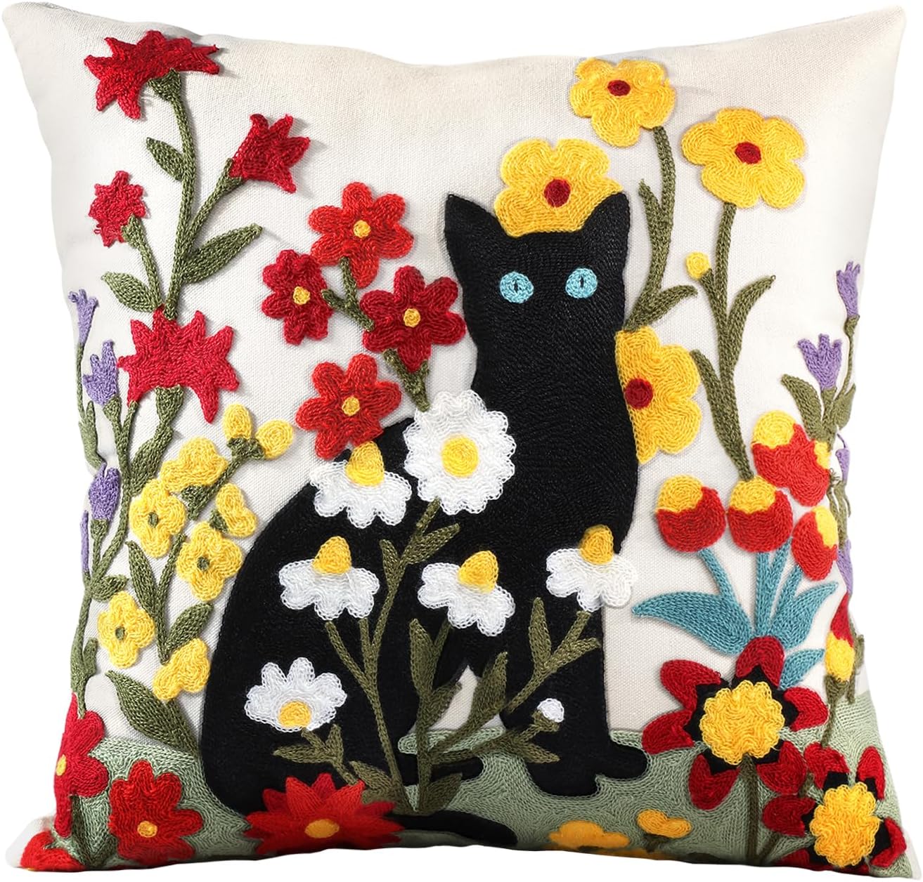 Embroidered Boho Yellow Throw Pillow Cover — 18" — Flower Cats