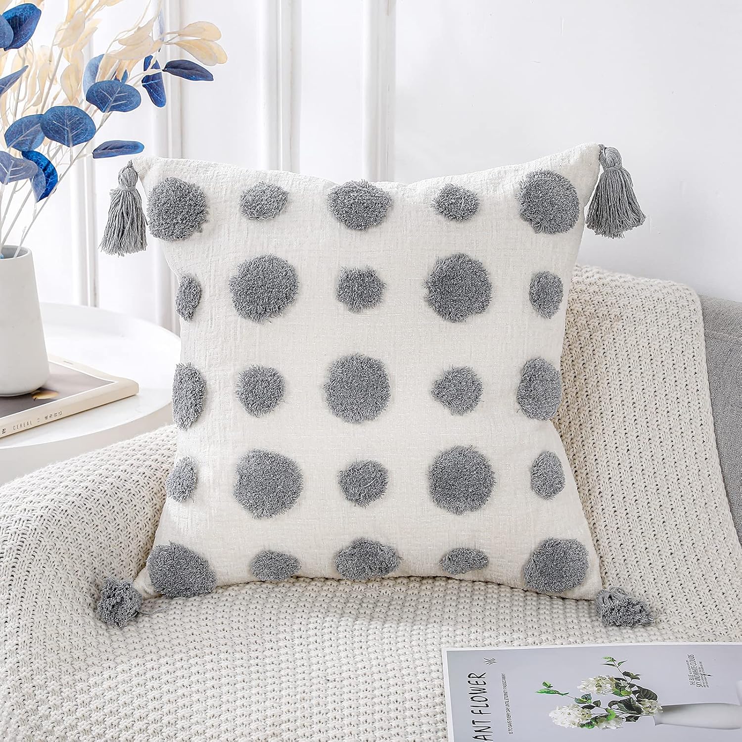 Tufted Boho Black Throw Pillow Cover — 20" — Light Grey