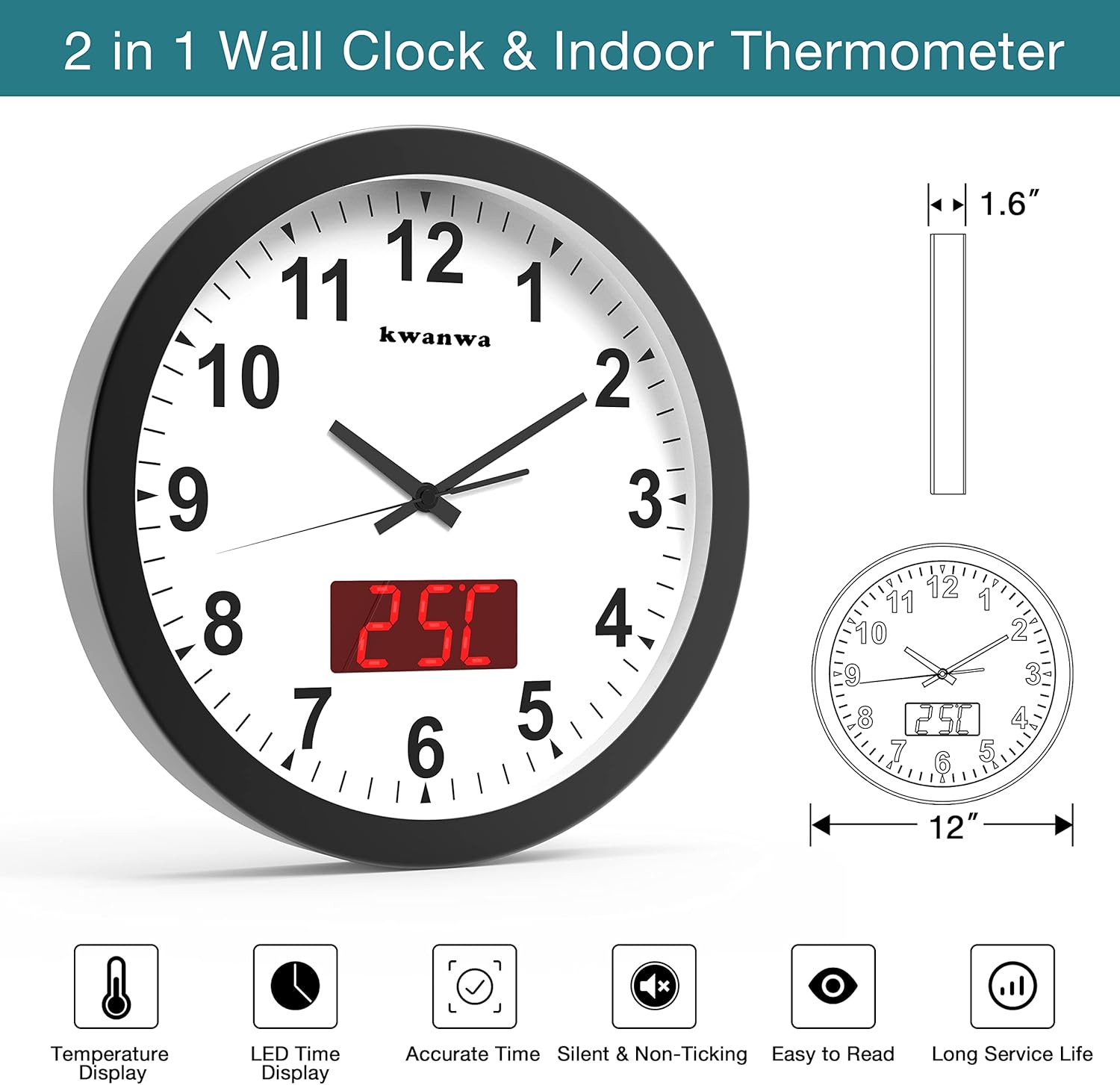 Adjustable Black Wall Clock — 12" - View 2