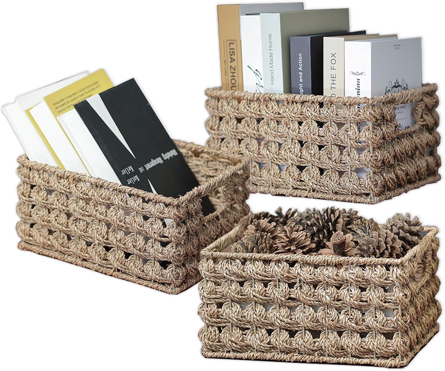Rectangular Boho Beige Storage Basket — Set of 3 — Natural Seagrass
